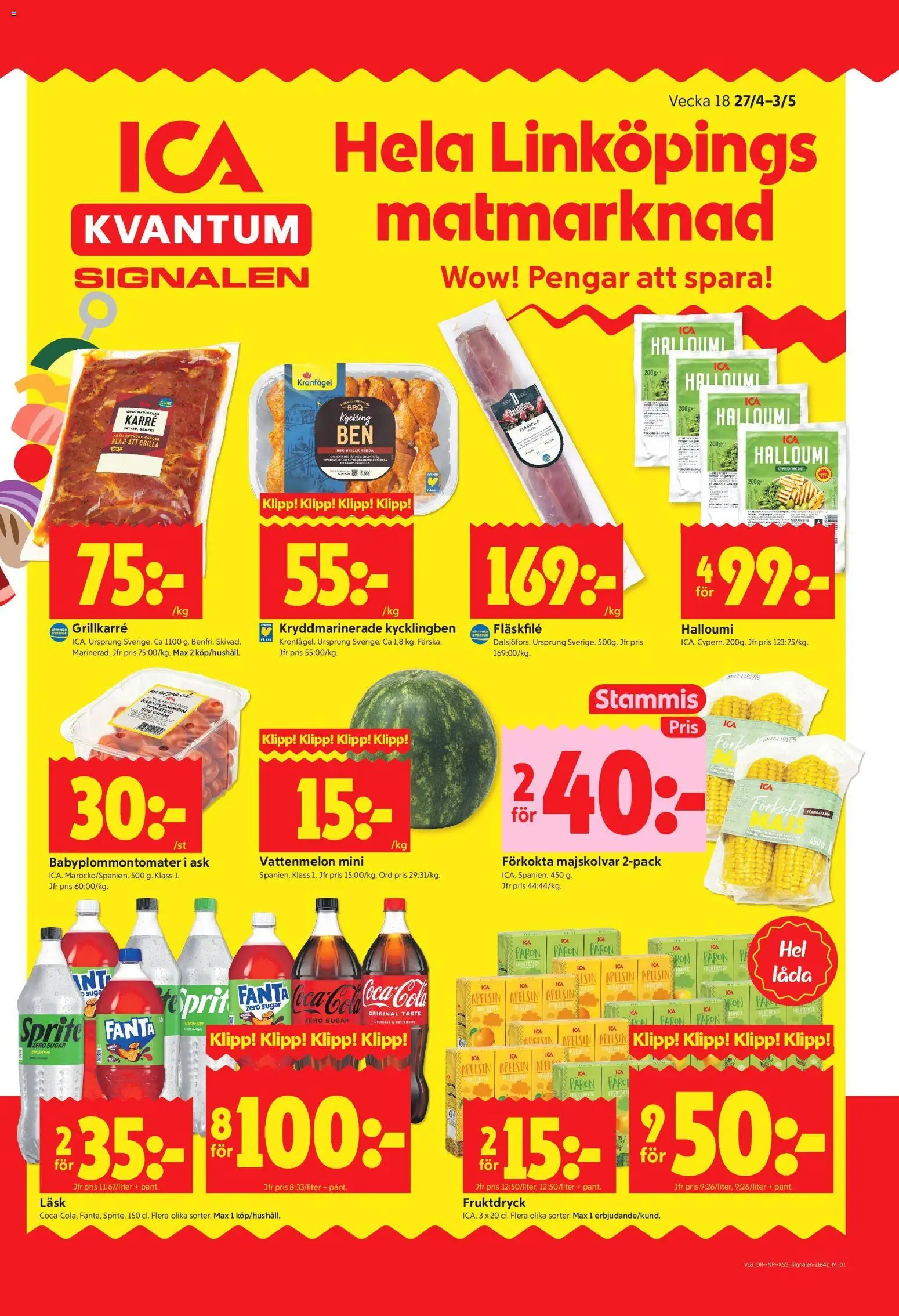 ICA Kvantum reklamblad aktuell från 27.04.2026 | Sida: 1 | Produkter: Halloumi, Låda, Fanta, Tomater