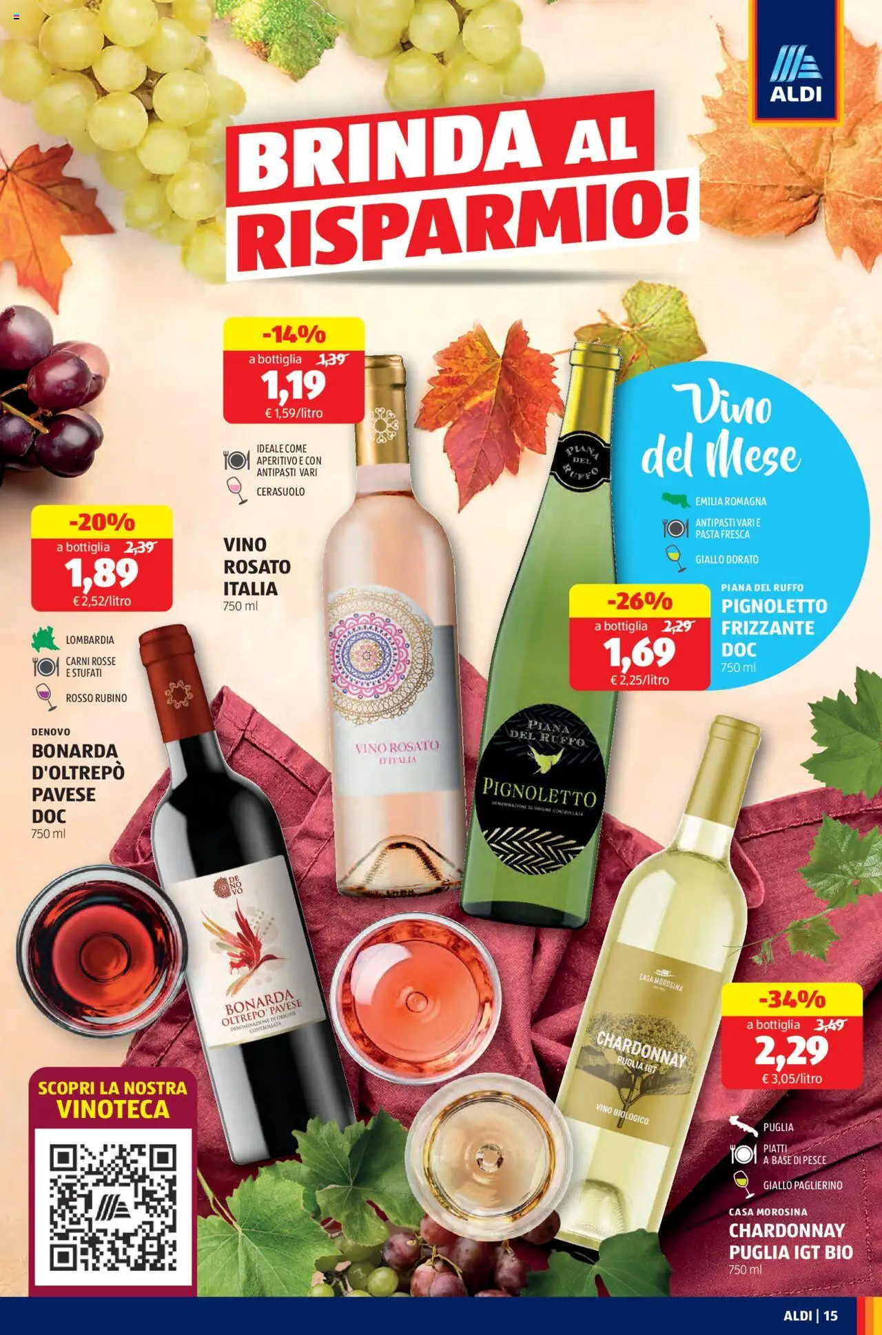 Volantino Aldi del 22.09.2025 | Pagina: 15 | Prodotti: Pesce, Vino, Pasta, Bottiglia