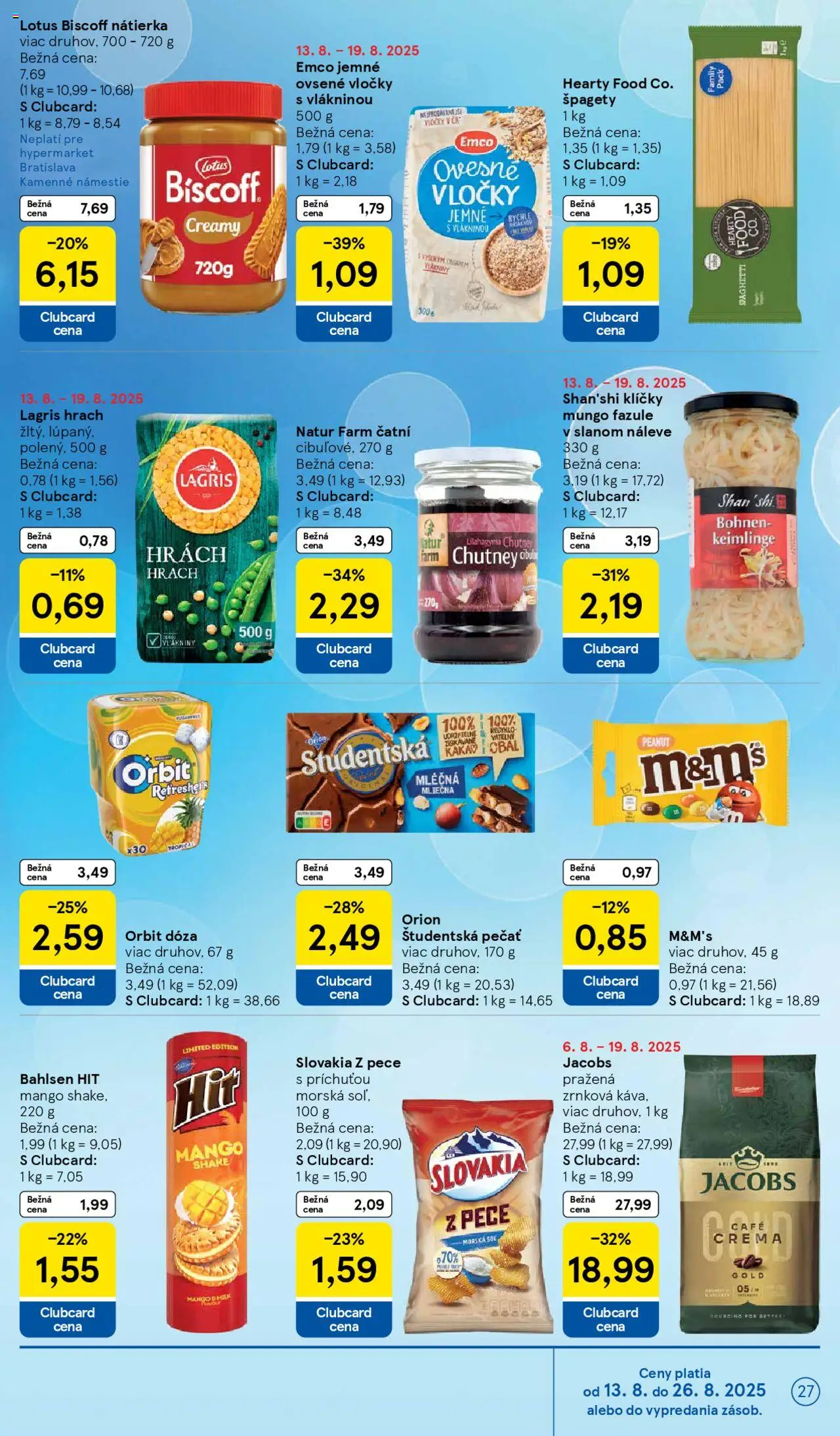 Tesco Hypermarket - leták │ platný od 13.08.2025 | Strana: 27 | Produkty: Hrach, Študentská pečať, Vločky, Mango