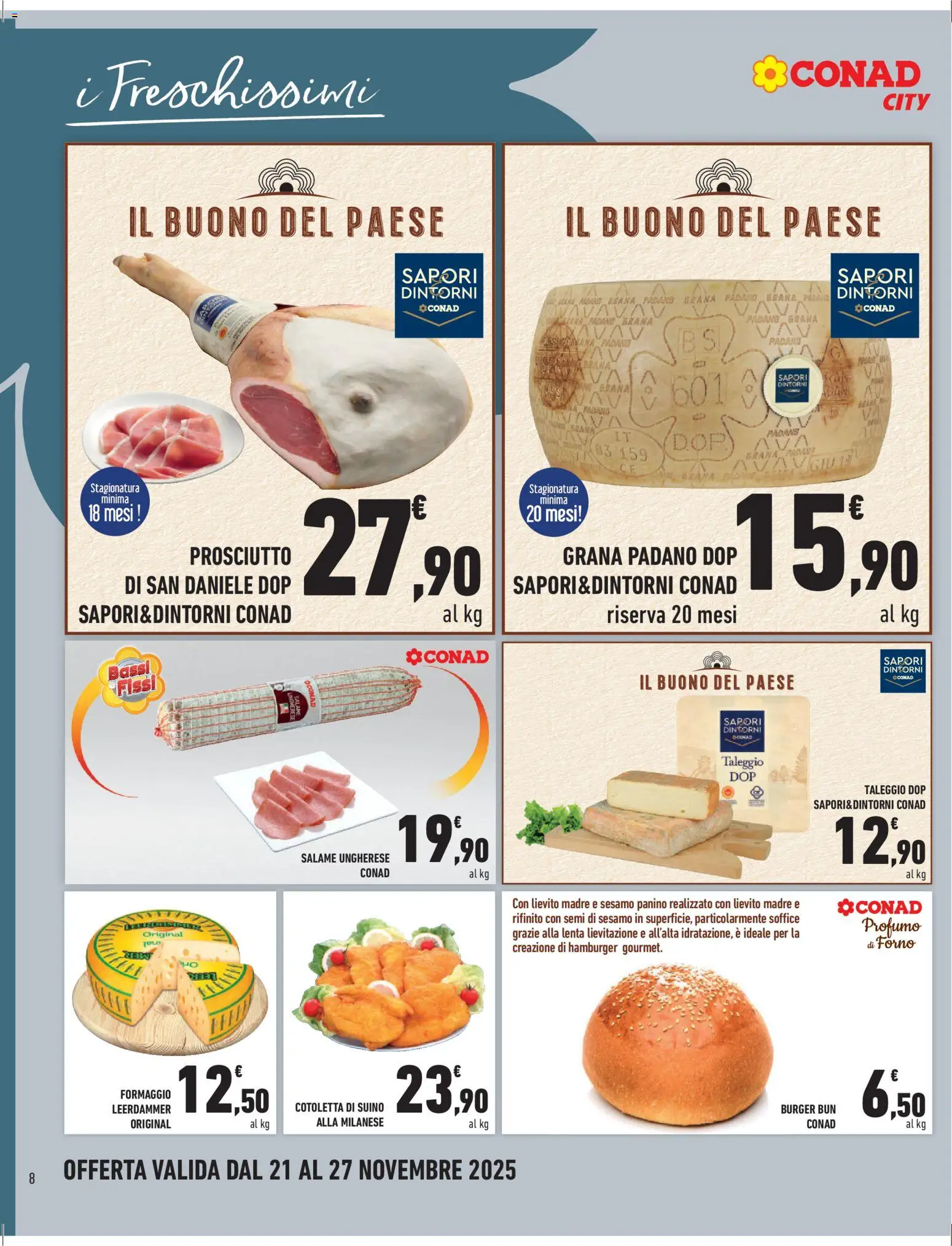 Volantino Conad del 21.11.2025 | Pagina: 8 | Prodotti: Grana Padano, Forno, Hamburger, Profumo