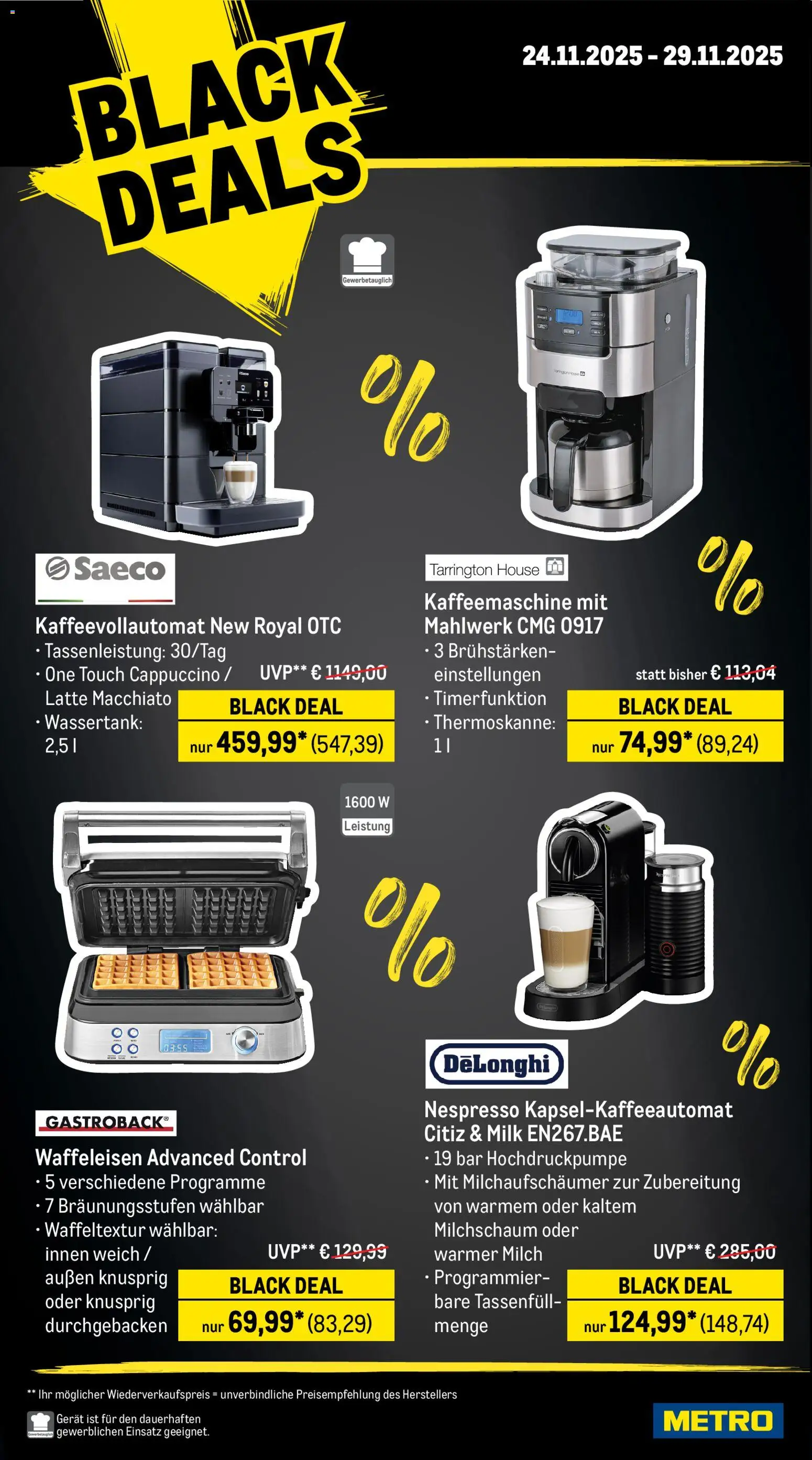Metro - Black Friday – gültig ab 24.11.2025 | Seite: 23 | Produkte: Kaffeemaschine, Milch, Kaffeevollautomat, Waffeleisen