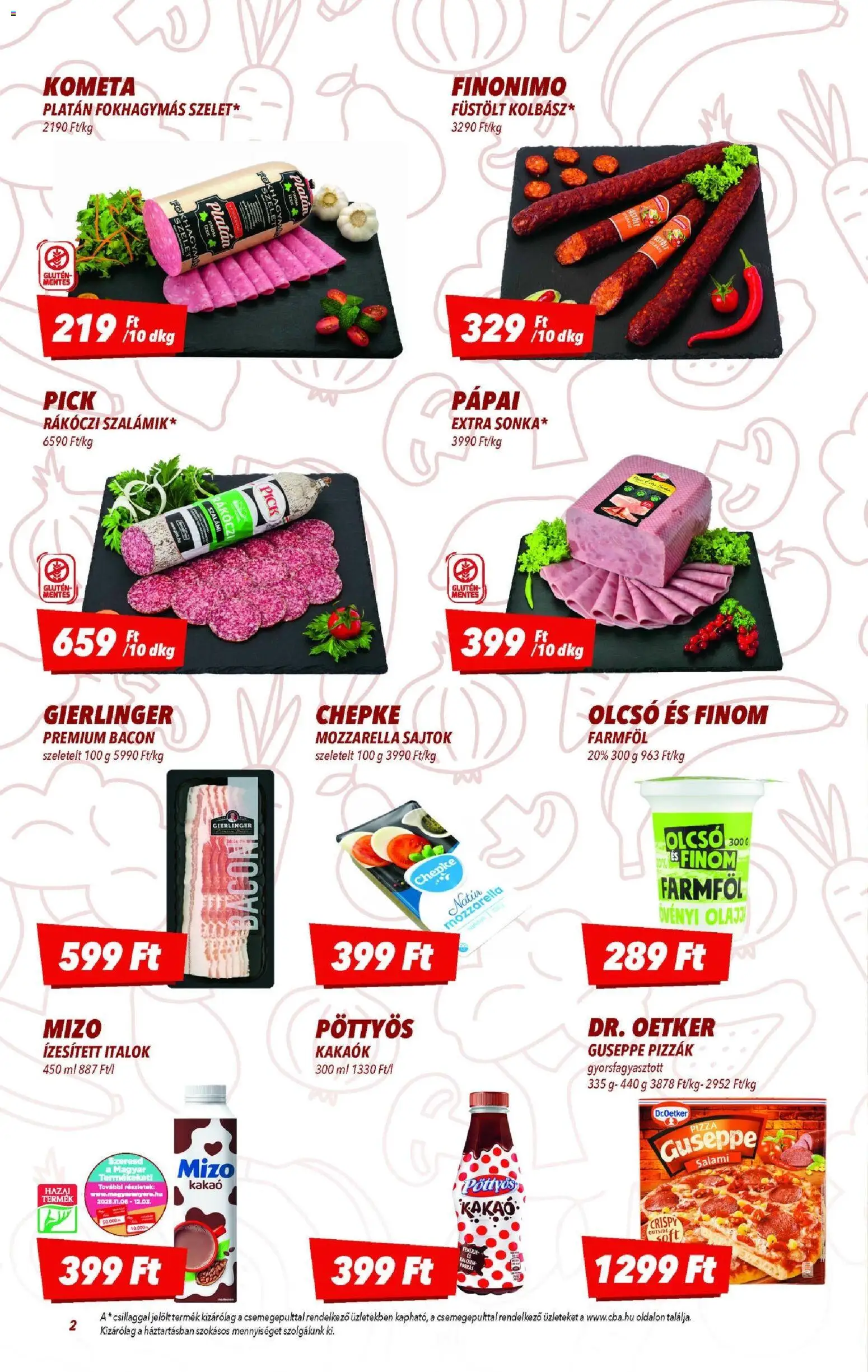 CBA akciós ujság - amely érvényes a következő dátumtól: 13.11.2025 | Oldal: 2 | Termékek: Fokhagyma, Mozzarella, Rákóczi szalámi, Pizza