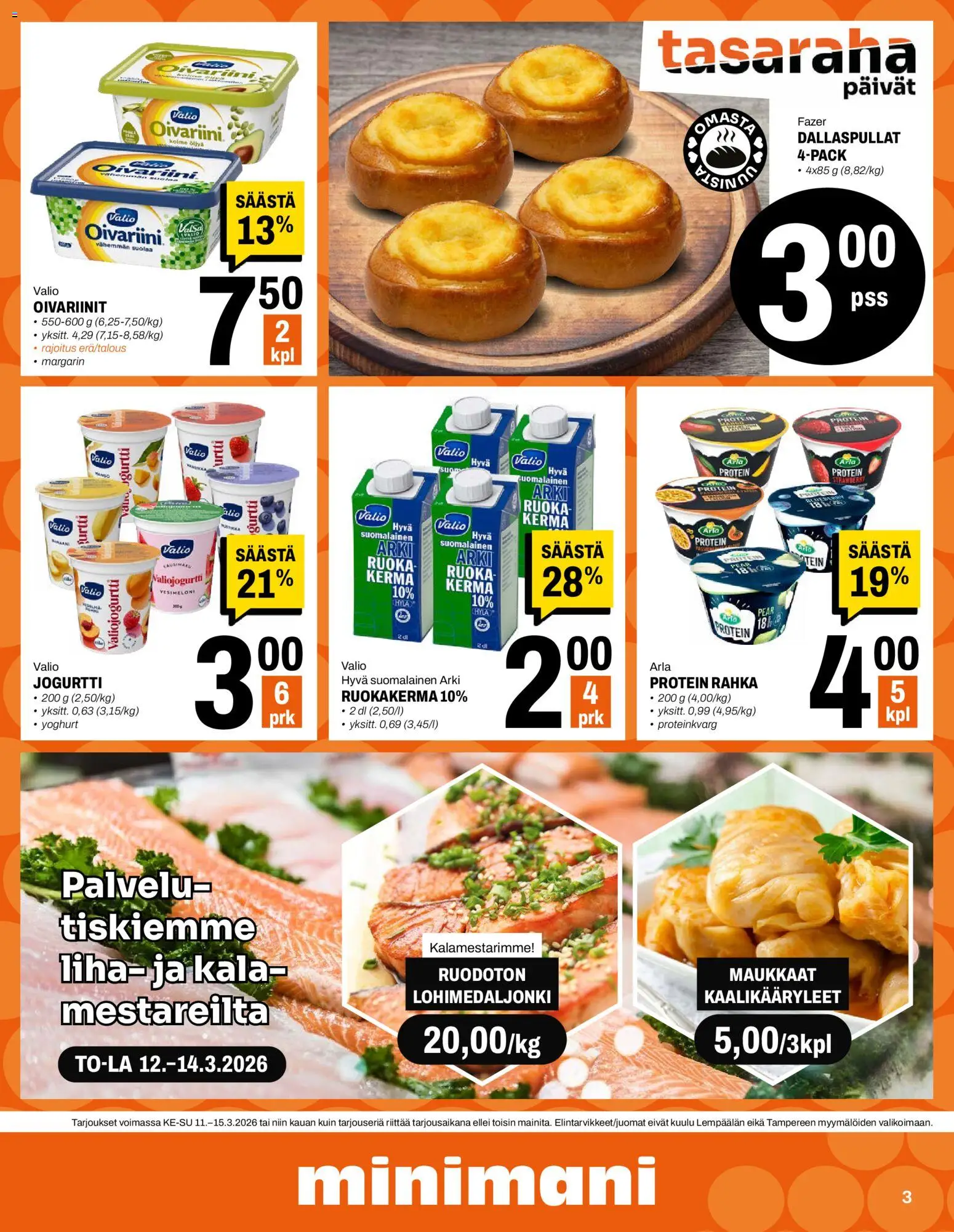 Minimani tarjoukset – voimassa 11.03.2026 alkaen | Sivu: 3 | Tuotteet: Vesimeloni, Kaalikääryleet, Jogurtti, Kala