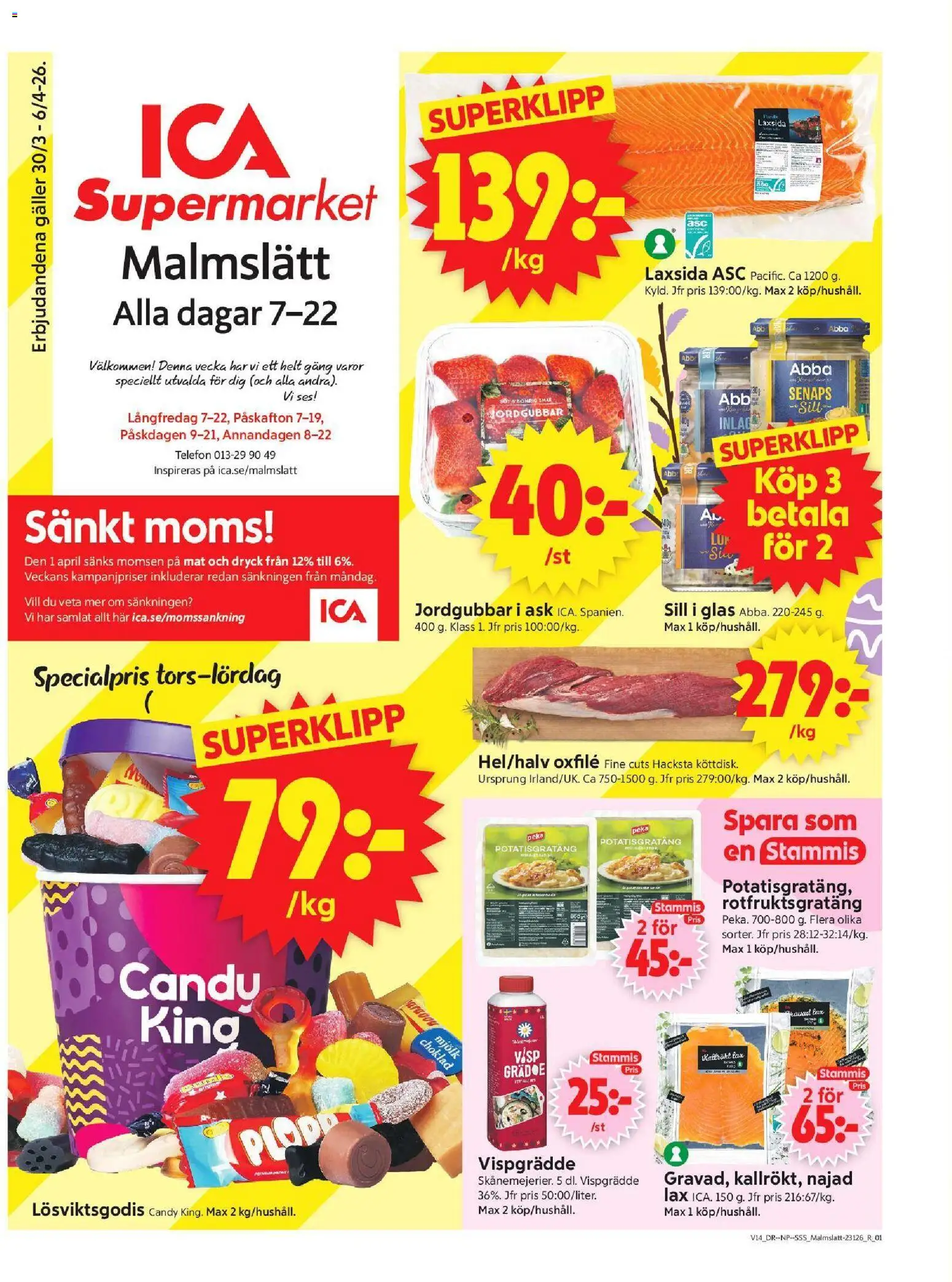 ICA Supermarket reklamblad aktuell från 30.03.2026 | Sida: 1 | Produkter: Lax, Mjölk, Jordgubbar, Telefon