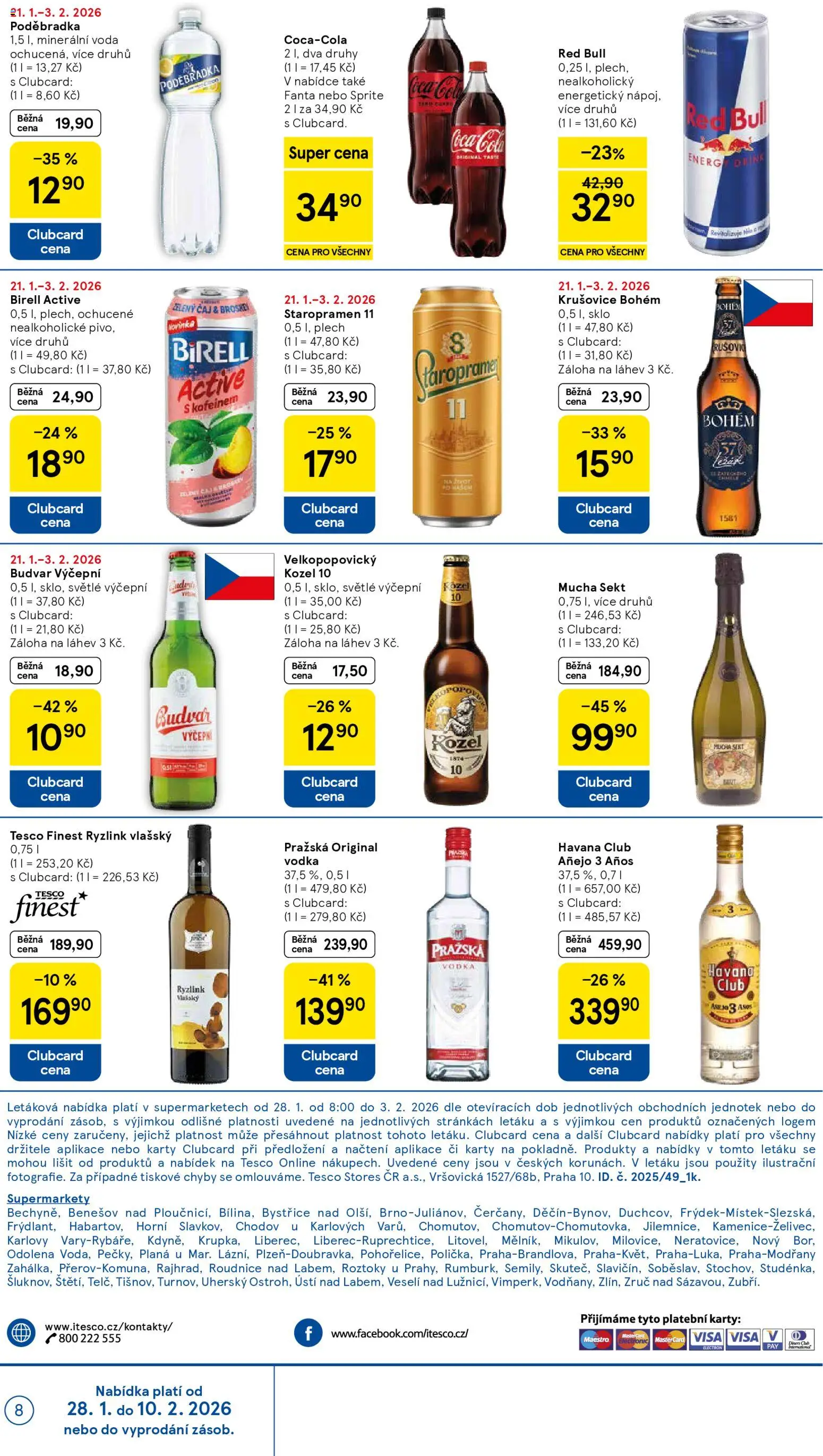 Tesco leták - Supermarket od 28.01.2026 | Strana: 8 | Produkty: Poděbradka, Velkopopovický Kozel, Cola, Energy drink