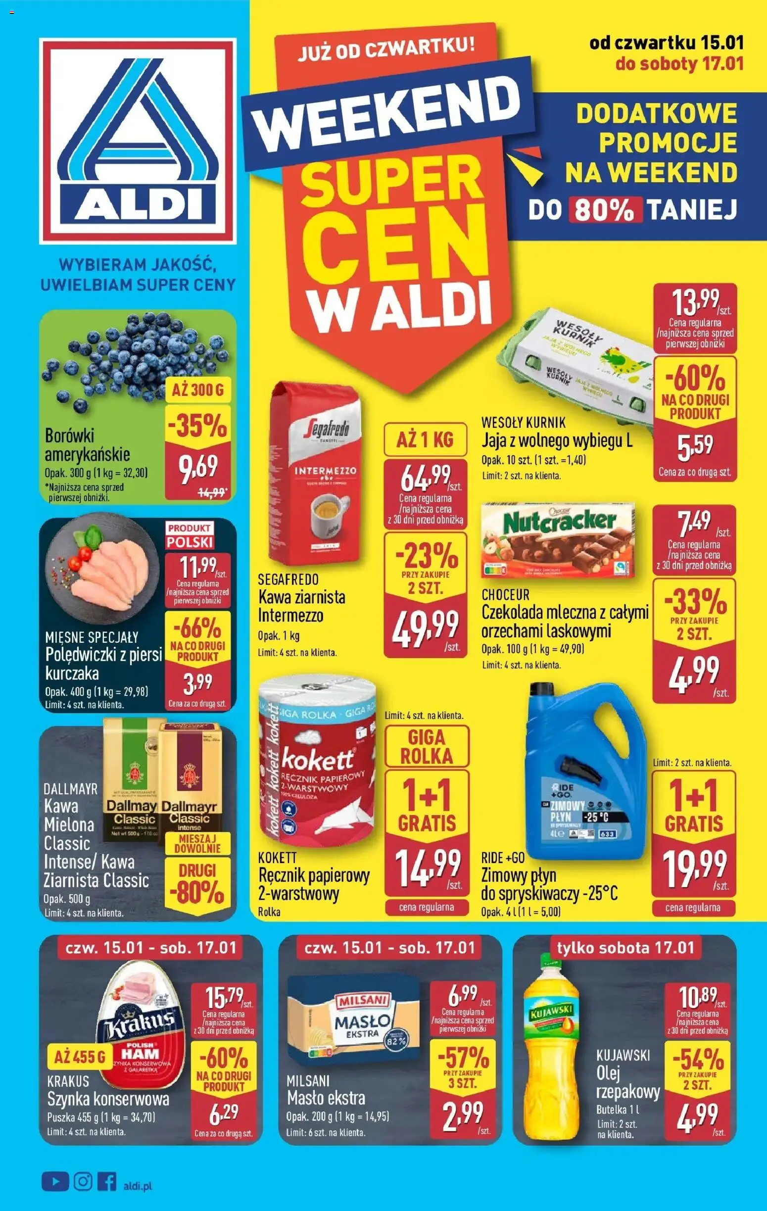 Aldi Gazetka - Okazje na weekend od 15.01.2026 | Strona: 1 | Produkty: Piersi, Szynka, Masło, Olej