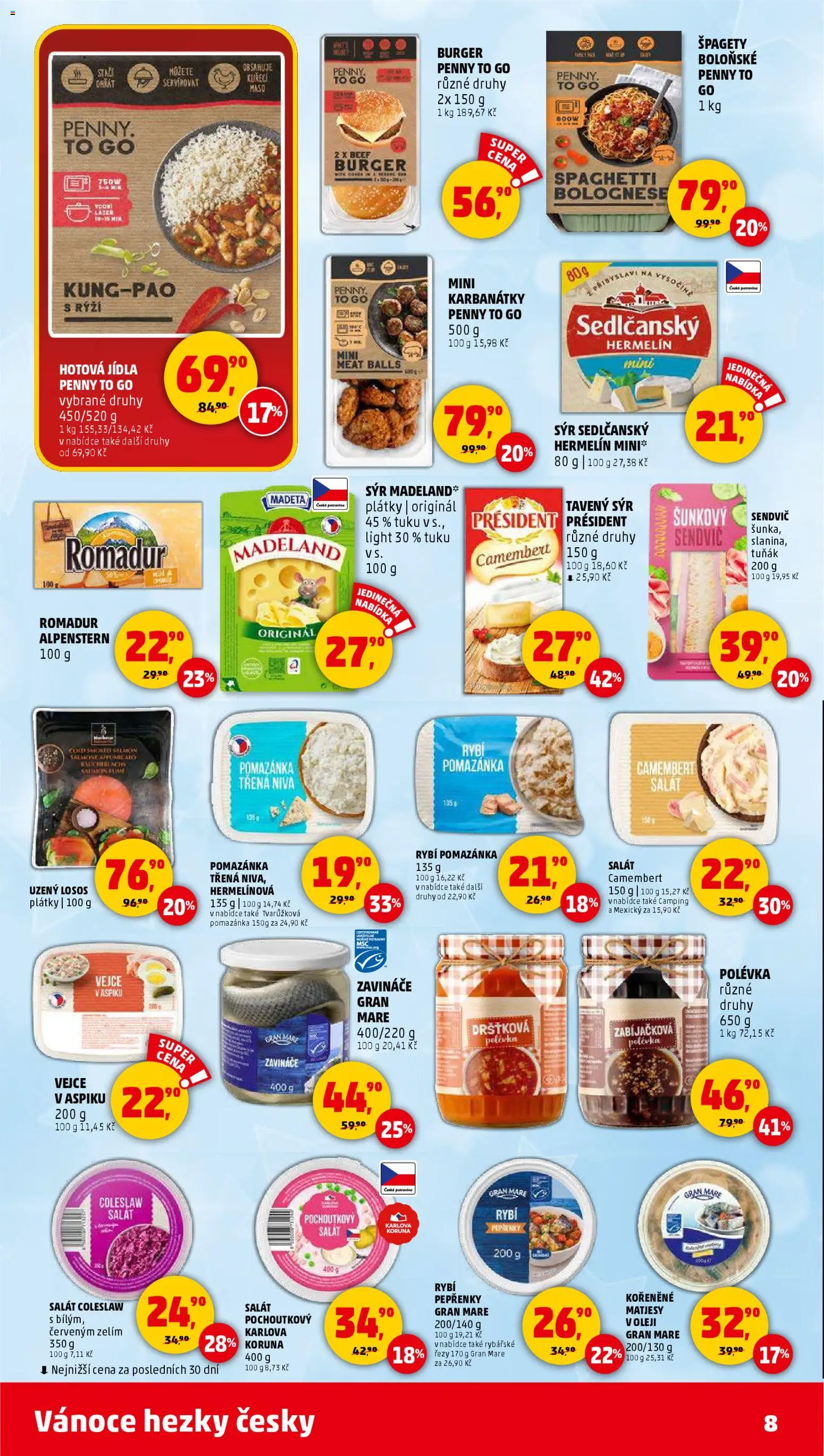 Penny Market leták - Čtvrtečník od 11.12.2025 | Strana: 8 | Produkty: Burger, Šála, Romadur, Potraviny