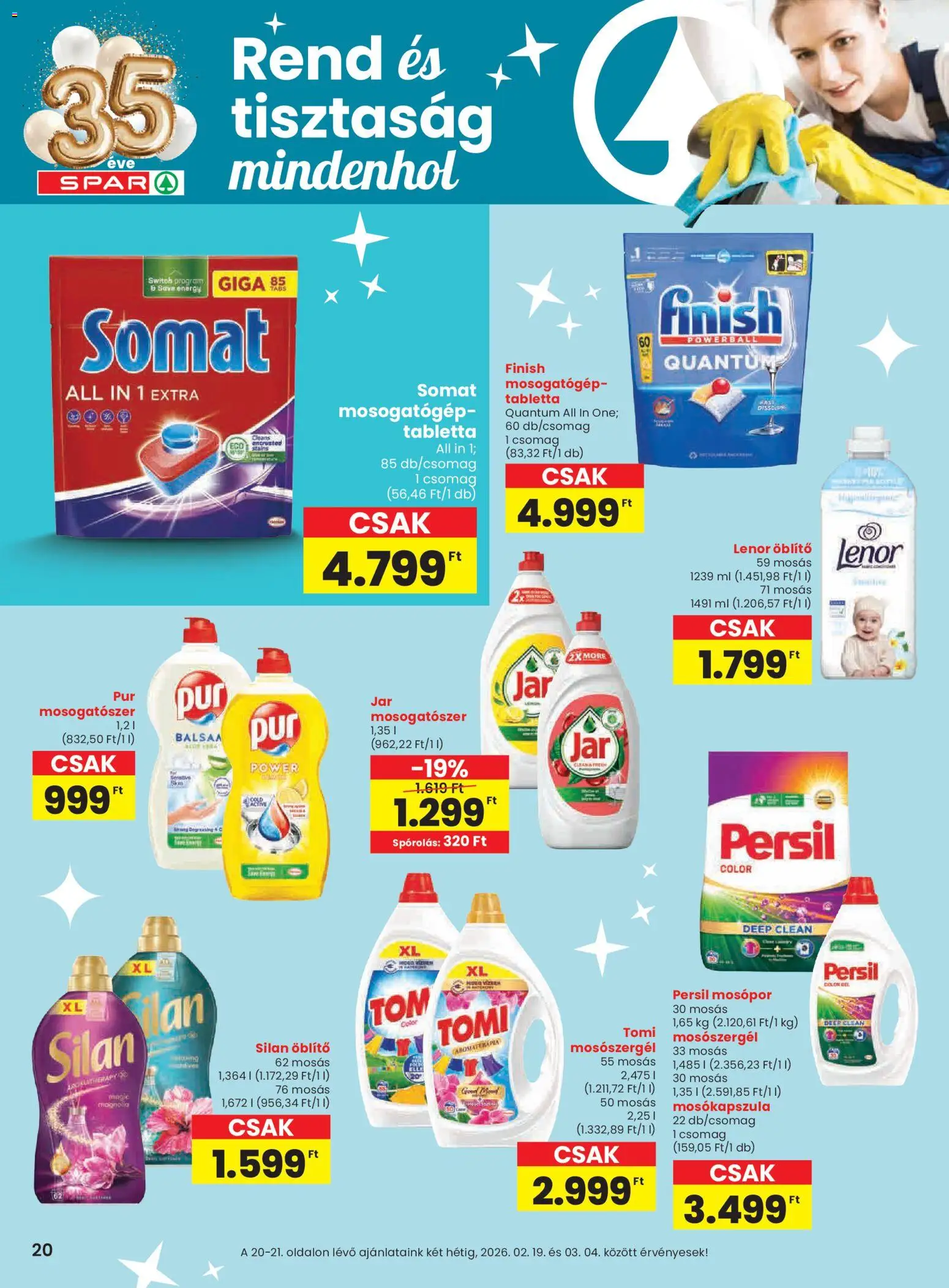 Spar akciós ujság - amely érvényes a következő dátumtól: 19.02.2026 | Oldal: 20 | Termékek: Somat, Mosókapszula, Mosópor, Mosogatógép tabletta