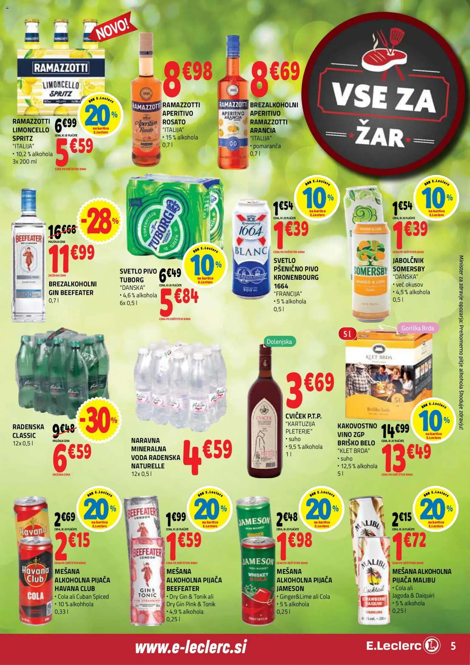 Novi E.leclerc katalog ponudbe – veljaven od 22.04.2026 | Stran: 5 | Izdelki: Pivo, Tonik, Gin, Voda