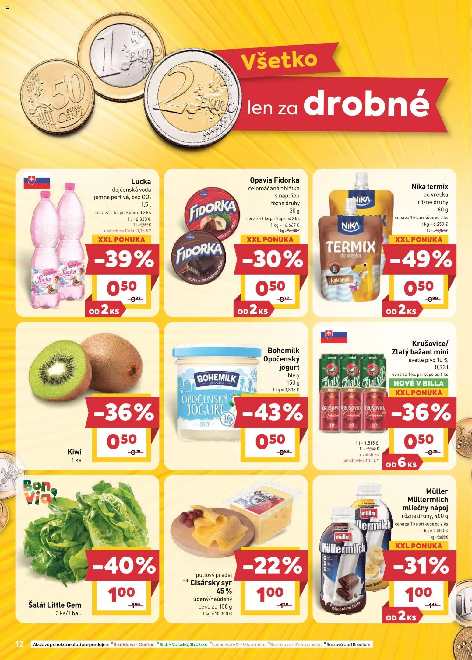 Nové Billa akcie – leták je platný od 22.04.2026 | Strana: 12 | Produkty: Jogurt, Zlatý Bažant, Lucka, Voda