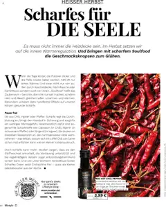 BIO WÜRZÖL CHILI, Universell einsetzbar wie die Kultband: Das „Bio Würzöl Chili“ von Allgäuer Ölmühle rundet jedes Gericht scharf-würzig ab. – gültig ab 15.09.2025 | Seite: 66 | Produkte: Pfeffer, Pullover, Chili