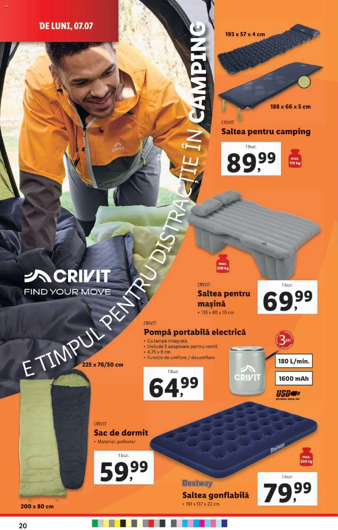 Catalog Lidl – valabil de la 07.07.2025 | Pagină: 20 | Produse: Saltea, Lampă, Saltea gonflabilă