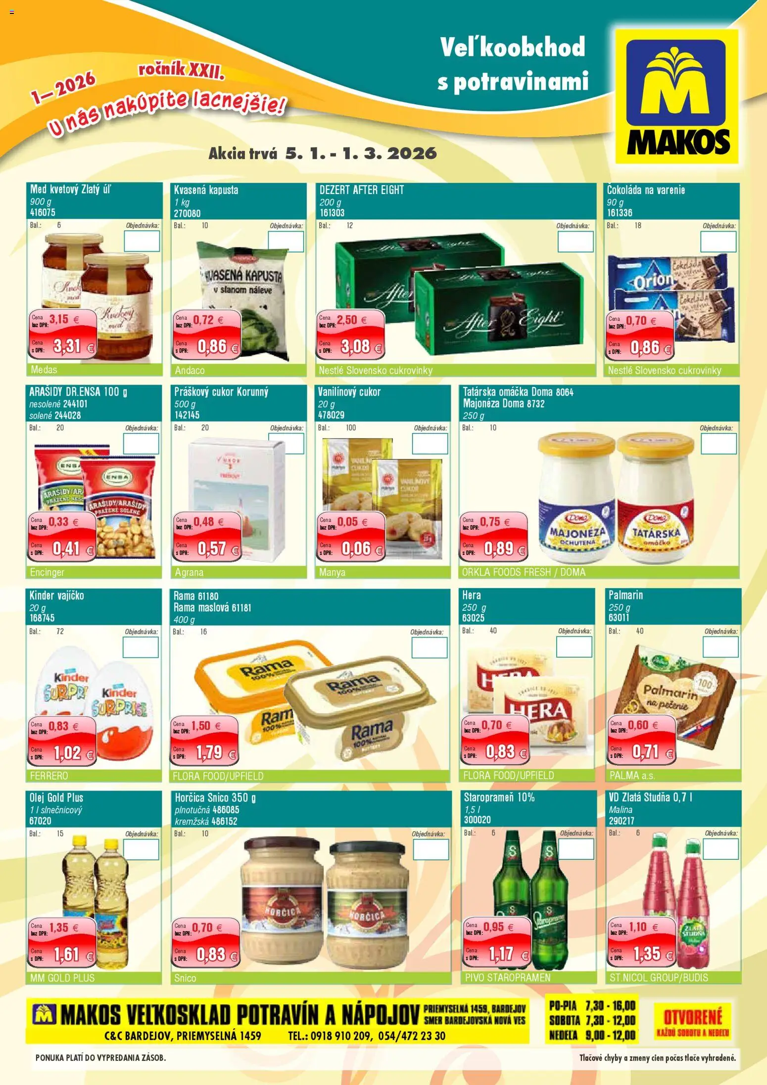 Nové Makos akcie – leták je platný od 05.01.2026 | Strana: 1 | Produkty: Olej, Staropramen, Omáčka, Hera
