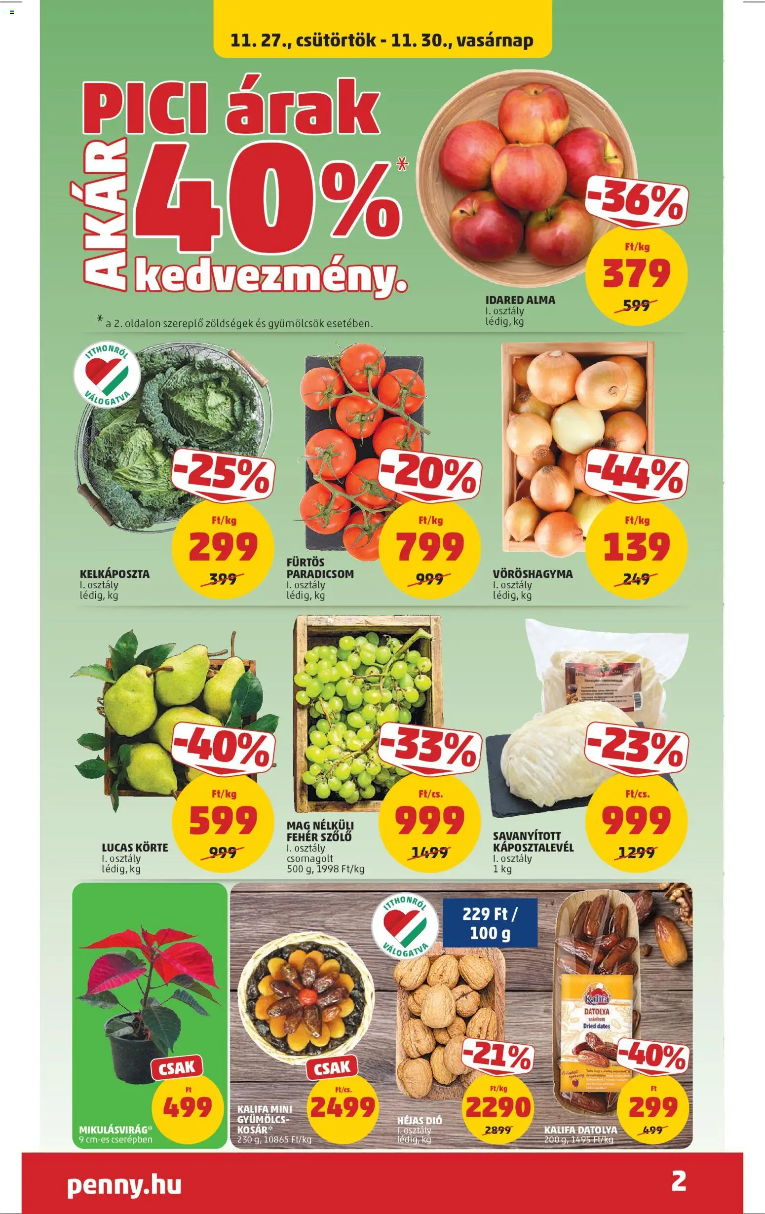 PENNY akciós ujság - amely érvényes a következő dátumtól: 27.11.2025 | Oldal: 2 | Termékek: Körte, Vöröshagyma, Kelkáposzta, Paradicsom