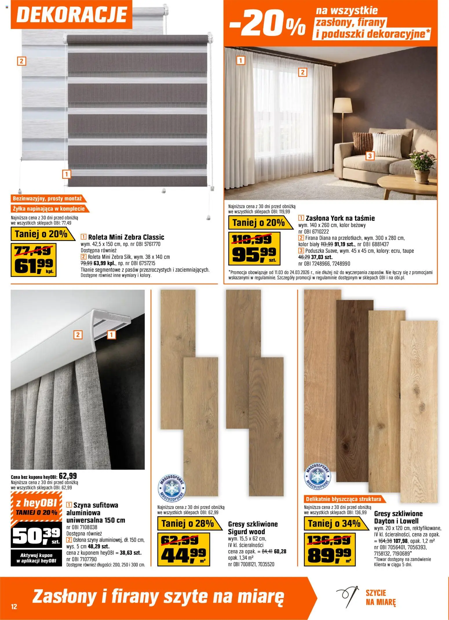 OBI gazetka od 11.03.2026 | Strona: 12 | Produkty: Poduszka, Firany, Zasłony