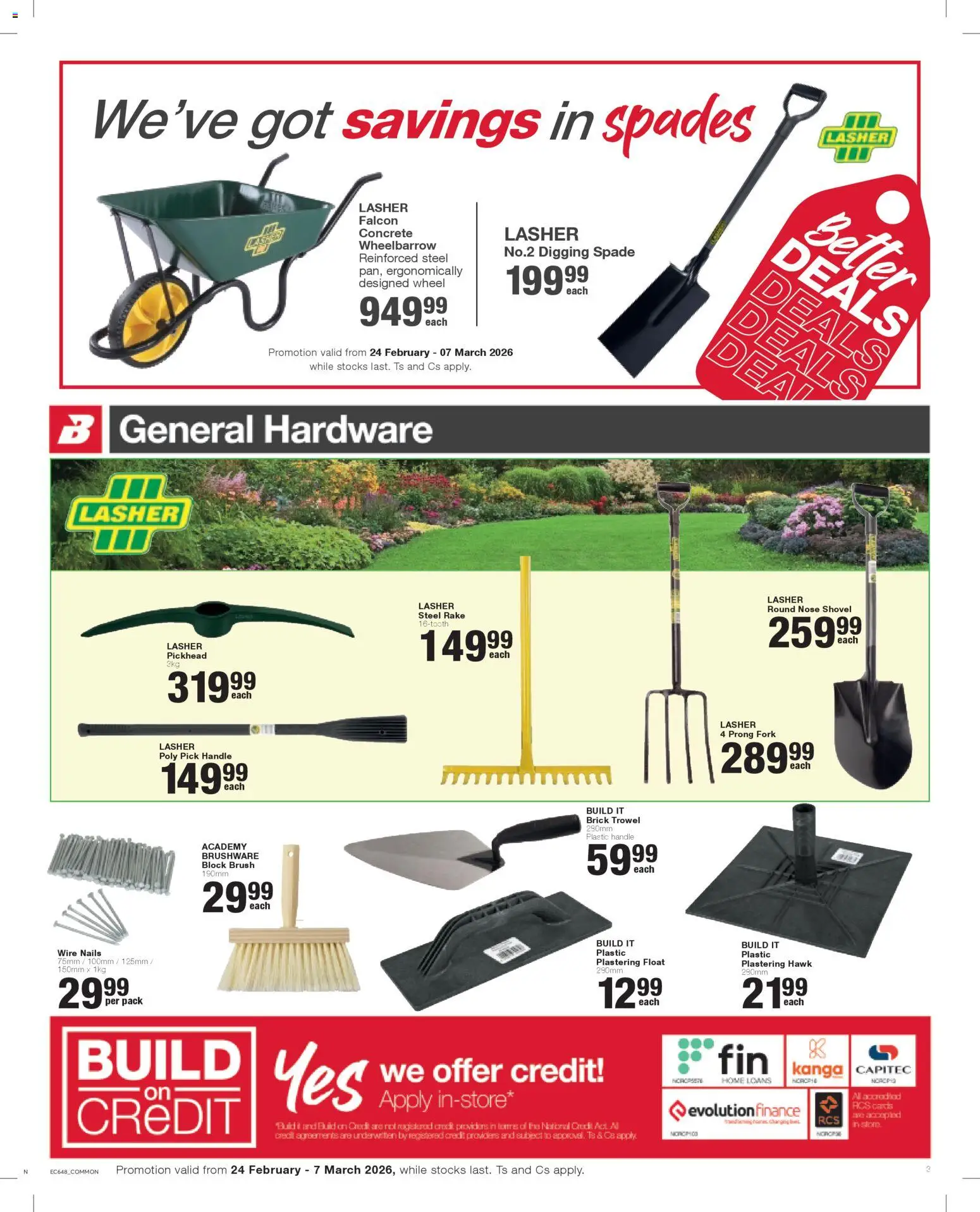 New Build It catalogue – valid from 24.02.2026 | Page: 3 | Products: Wheelbarrow, Brush, Spade