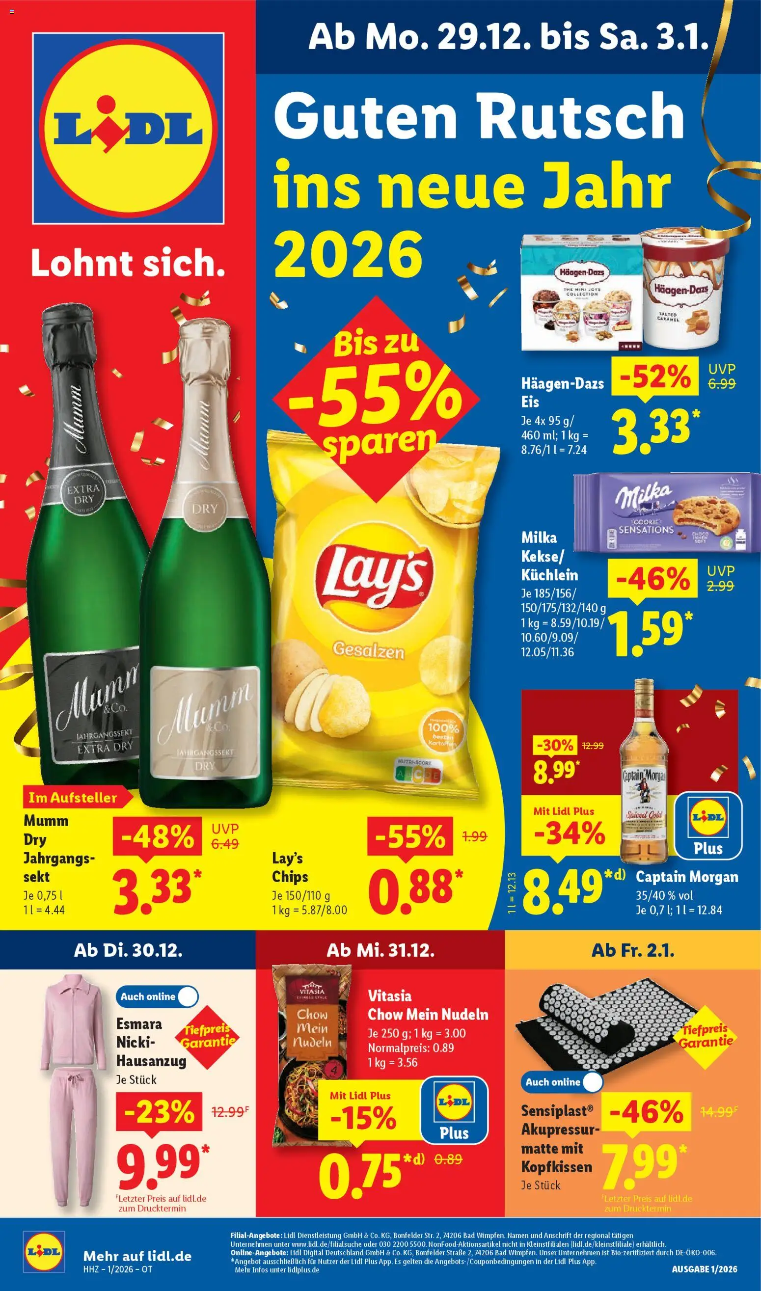 Lidl Prospekt Grimma – gültig ab 29.12.2025 | Seite: 1 | Produkte: Sekt, Milka, Captain morgan, Nudeln