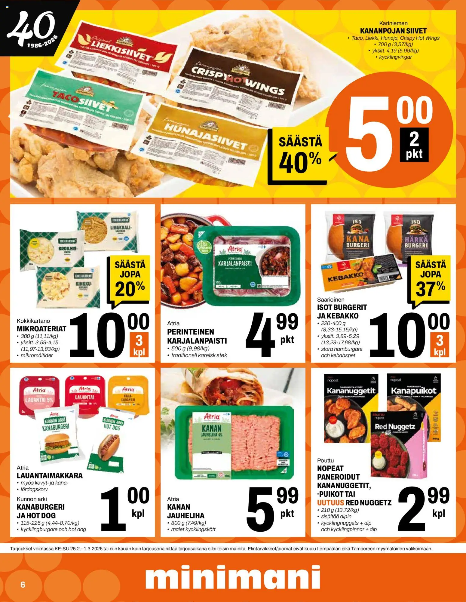 Minimani tarjoukset – voimassa 25.02.2026 alkaen | Sivu: 6 | Tuotteet: Jauheliha, Kana, Kinkku, Hot dog