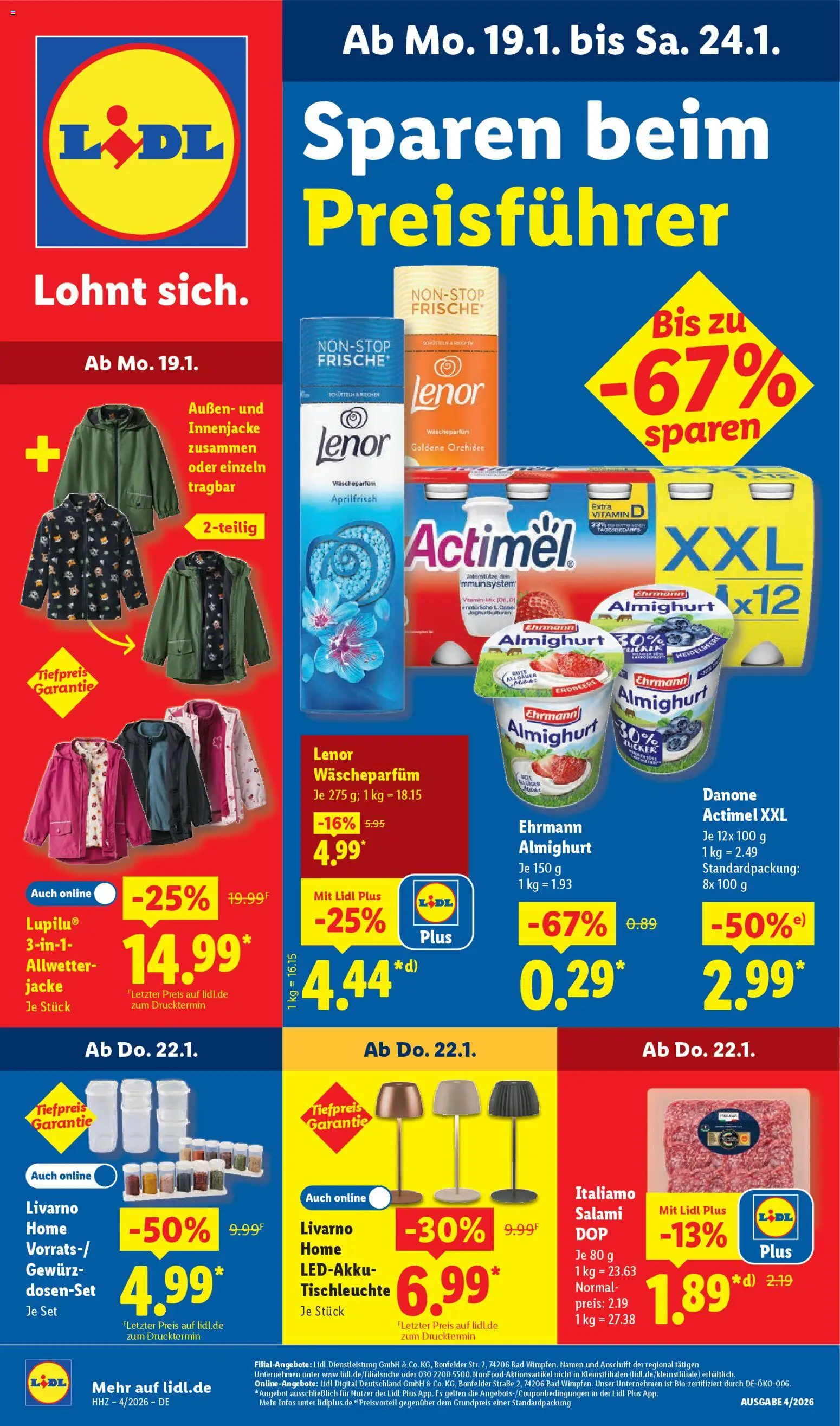 Lidl Prospekt Kornwestheim – gültig ab 19.01.2026 | Seite: 1 | Produkte: Lenor, Actimel, Orchidee, Jacke