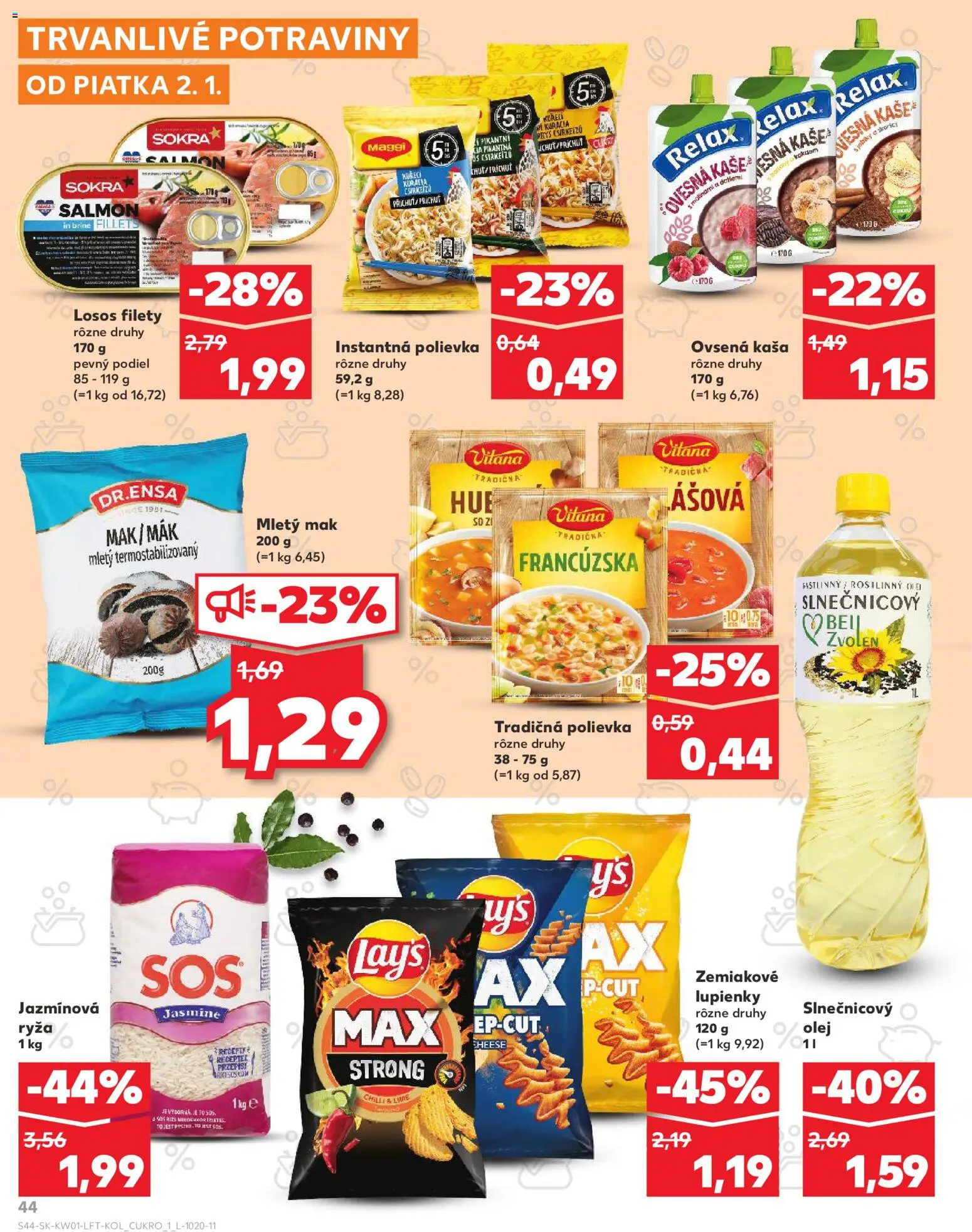 Nové Kaufland akcie – leták je platný od 02.01.2026 | Strana: 44 | Produkty: Ryža, Slnečnicový olej, Losos, Mak