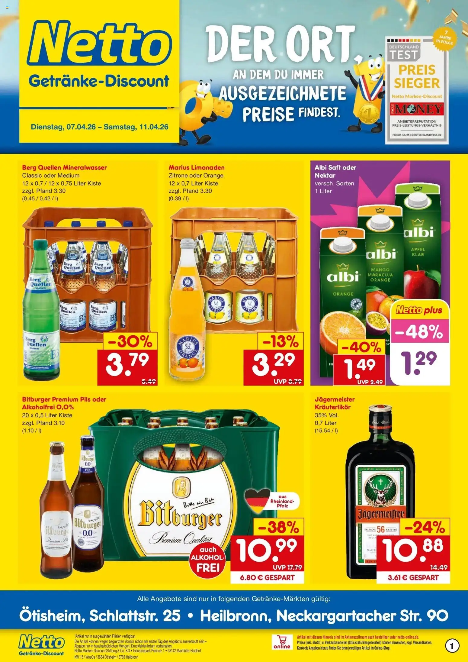 Netto Marken-Discount Prospekt Heilbronn	 – gültig ab 05.04.2026 | Seite: 1 | Produkte: Bitburger, Pils, Äpfel, Saft