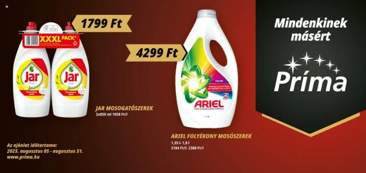 CBA Príma akciós ujság - amely érvényes a következő dátumtól: 05.08.2025 | Oldal: 1 | Termékek: Ariel, Mosószerek