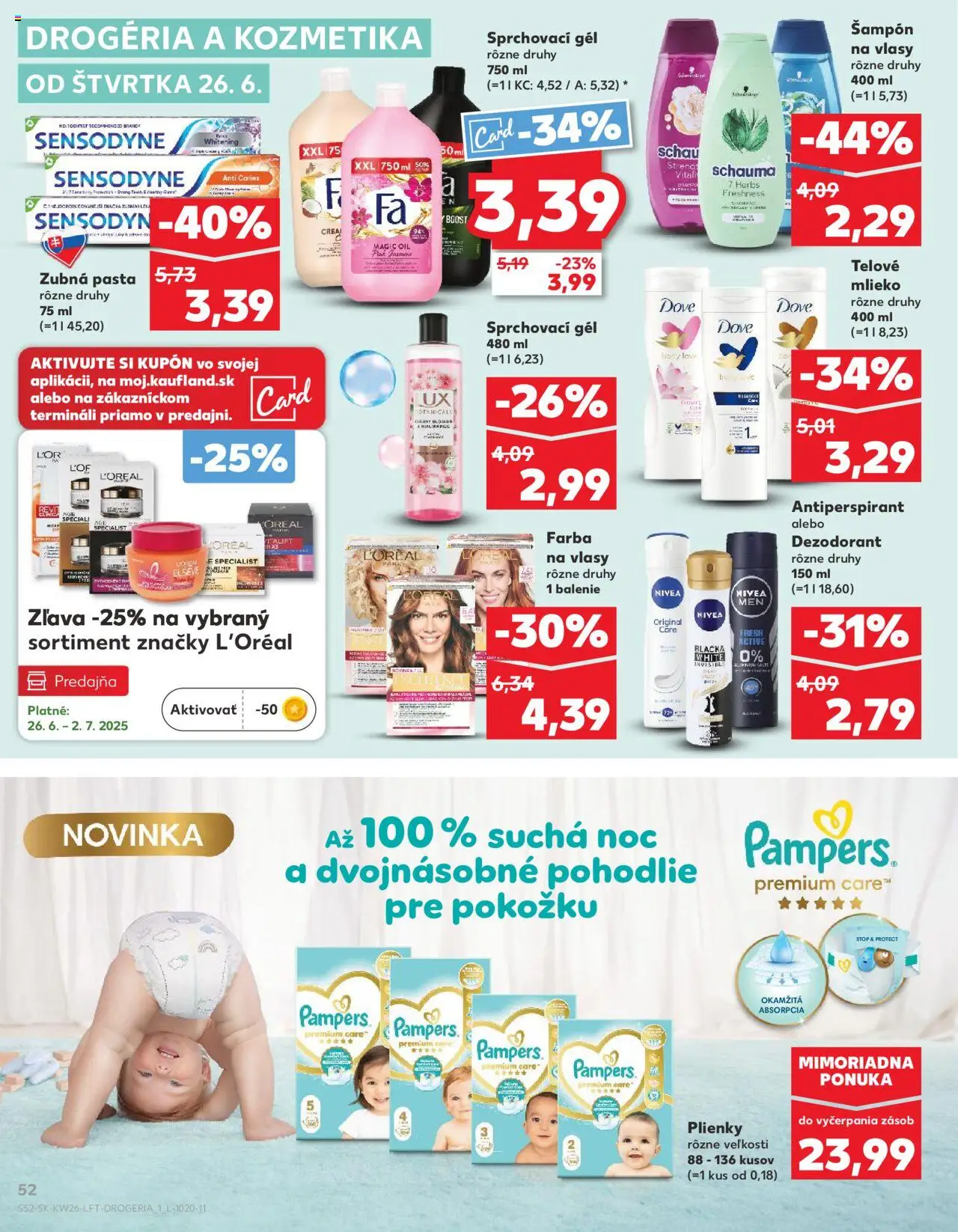 Nové Kaufland akcie – leták je platný od 26.06.2025 | Strana: 52 | Produkty: Farba na vlasy, Telové mlieko, Dezodorant, Pampers