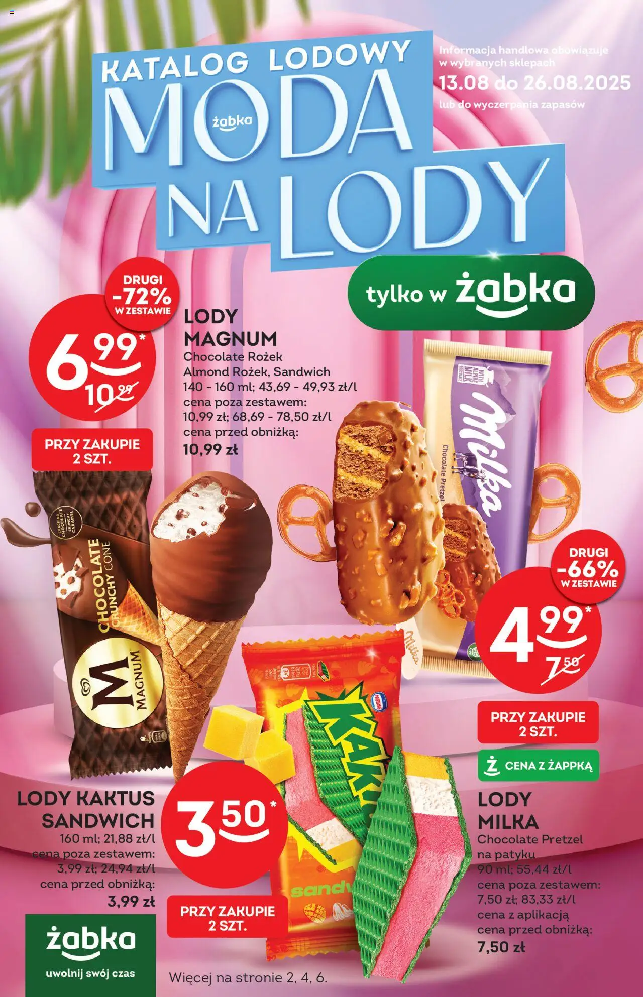 Żabka Gazetka - Lody od 13.08.2025 | Strona: 1 | Produkty: Sandwich, Milka, Lody Kaktus, Lody
