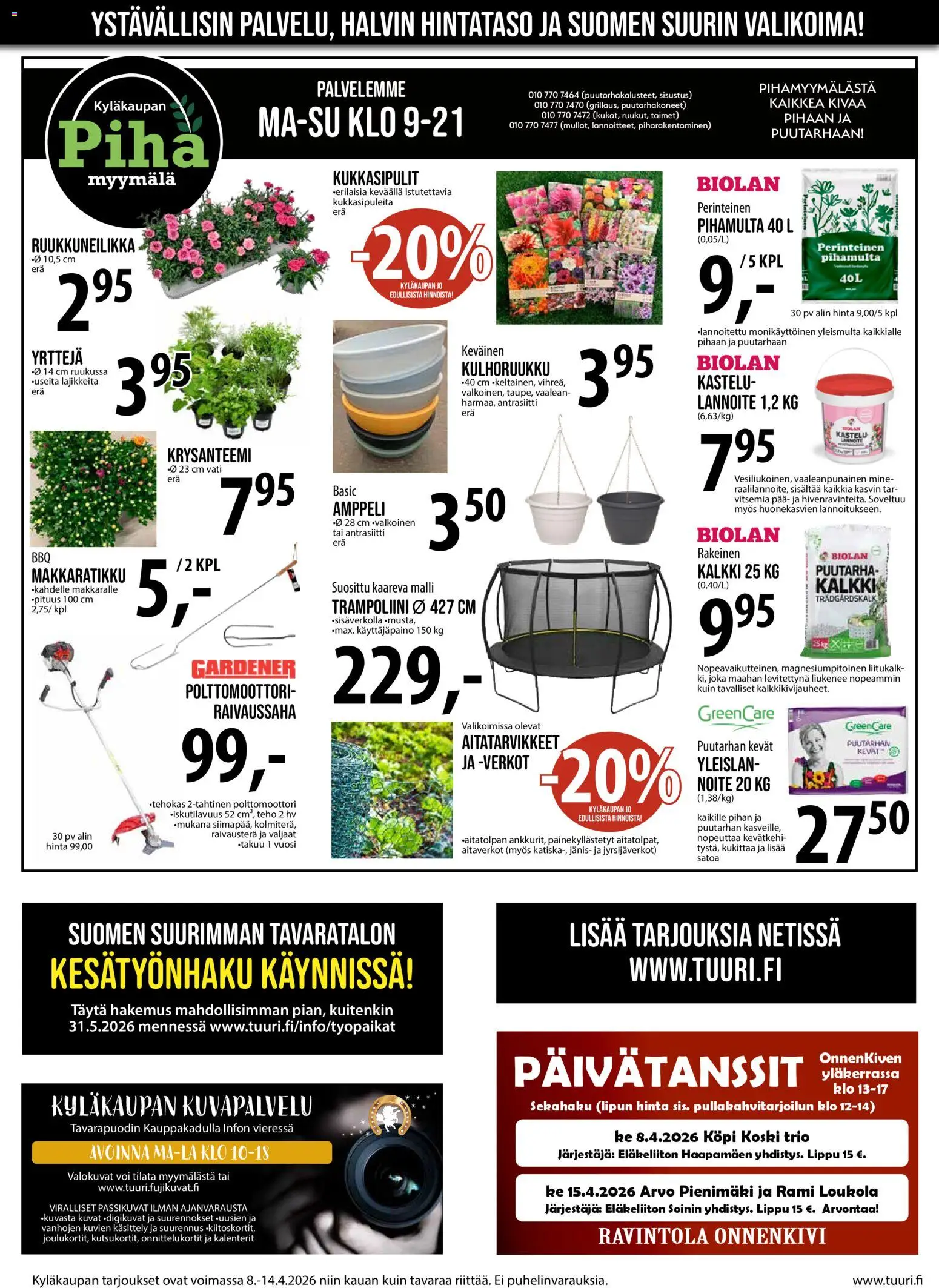 Tuuri tarjoukset – voimassa 08.04.2026 alkaen | Sivu: 6 | Tuotteet: Raivaussaha, Puhelin, Trampoliini, Lannoite