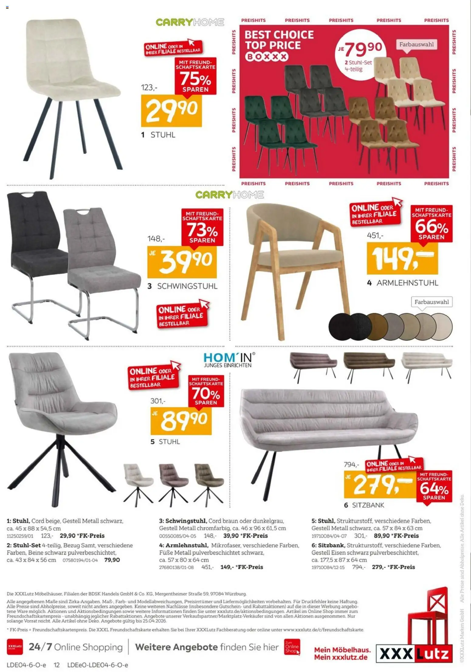 XXXLutz Speisen Preishits – gültig ab 04.04.2026 | Seite: 12 | Produkte: Top, Sitzbank, Stuhl