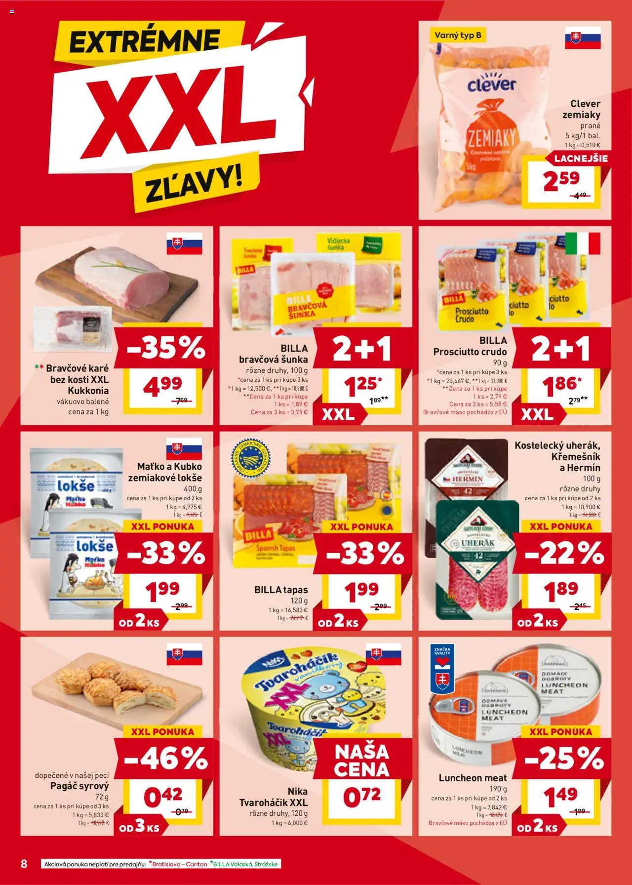 Nové Billa akcie – leták je platný od 08.10.2025 | Strana: 8 | Produkty: Šunka, Bravčové mäso, Zemiaky, Bravčové karé