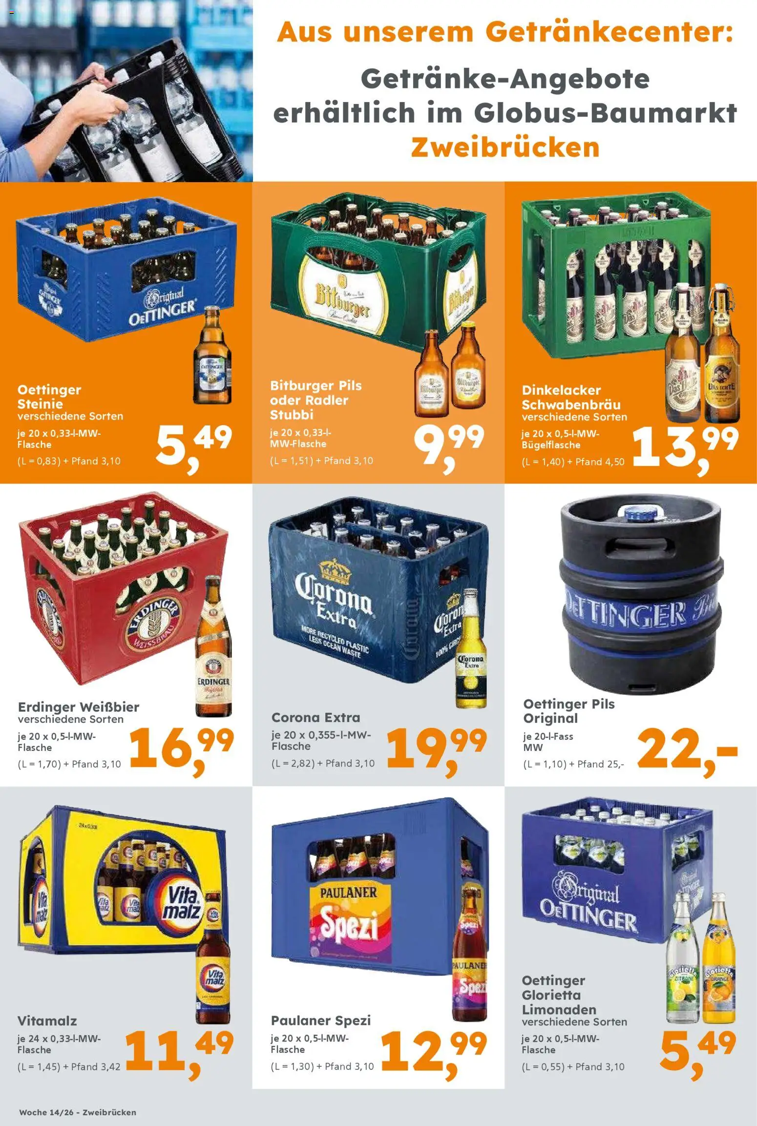 Globus Baumarkt Prospekt Zweibrücken	 – gültig ab 30.03.2026 | Seite: 16 | Produkte: Bitburger, Erdinger, Paulaner spezi, Oettinger