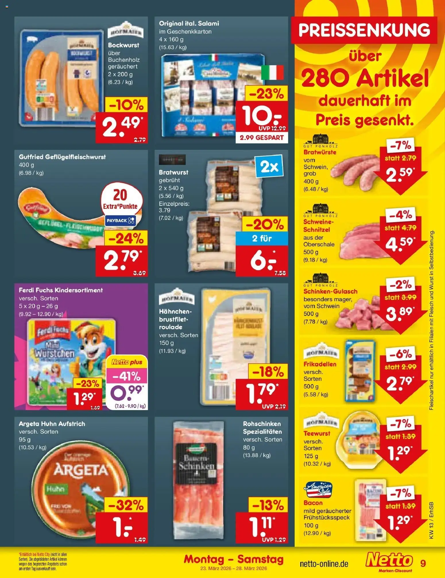 Netto Marken-Discount Prospekt Mauern	 – gültig ab 23.03.2026 | Seite: 9 | Produkte: Bratwurst, Schnitzel, Schinken, Fleisch