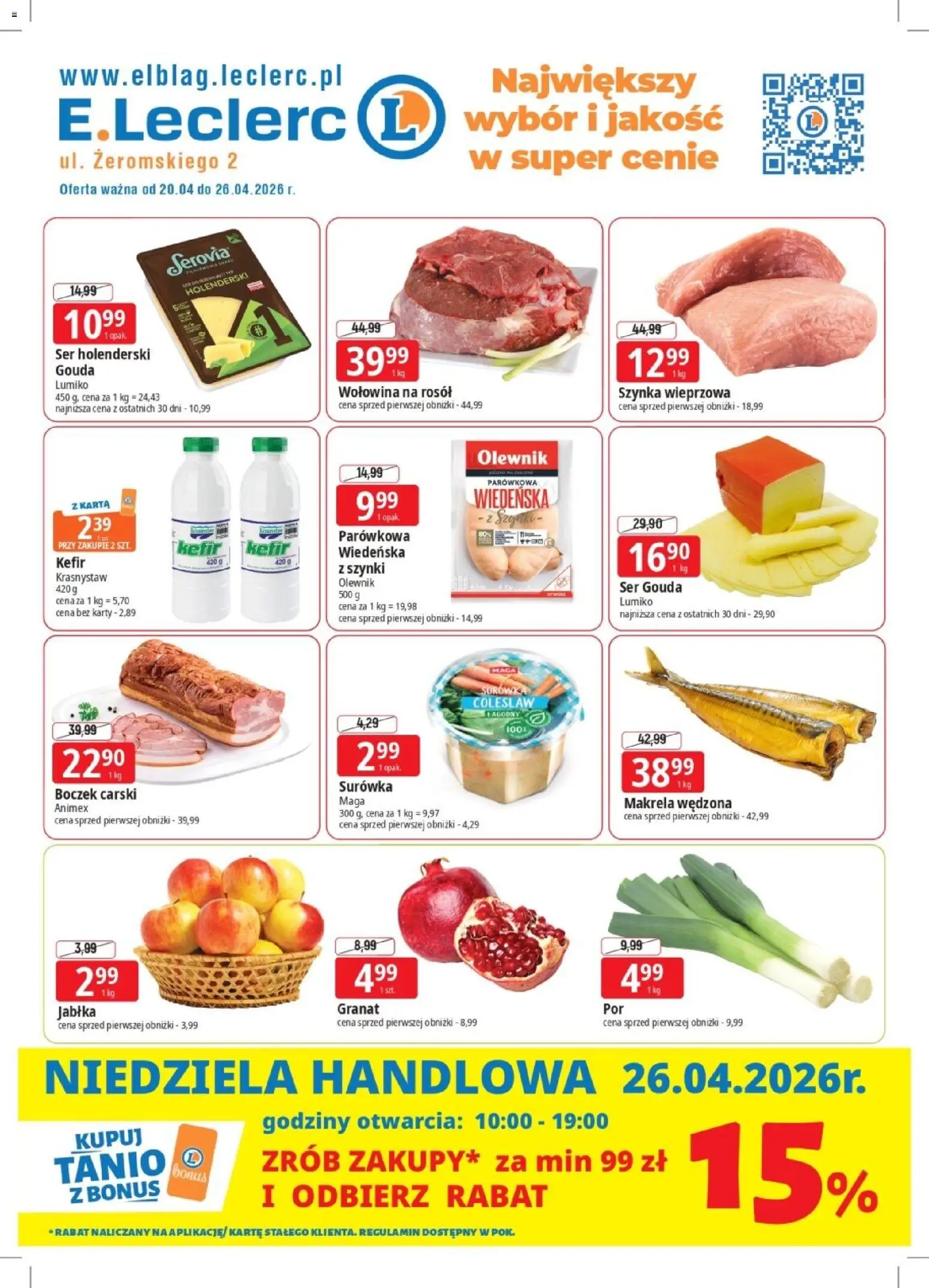 E.Leclerc gazetka - Elbląg od 20.04.2026 | Strona: 1 | Produkty: Karta, Kefir, Ser, Jabłka