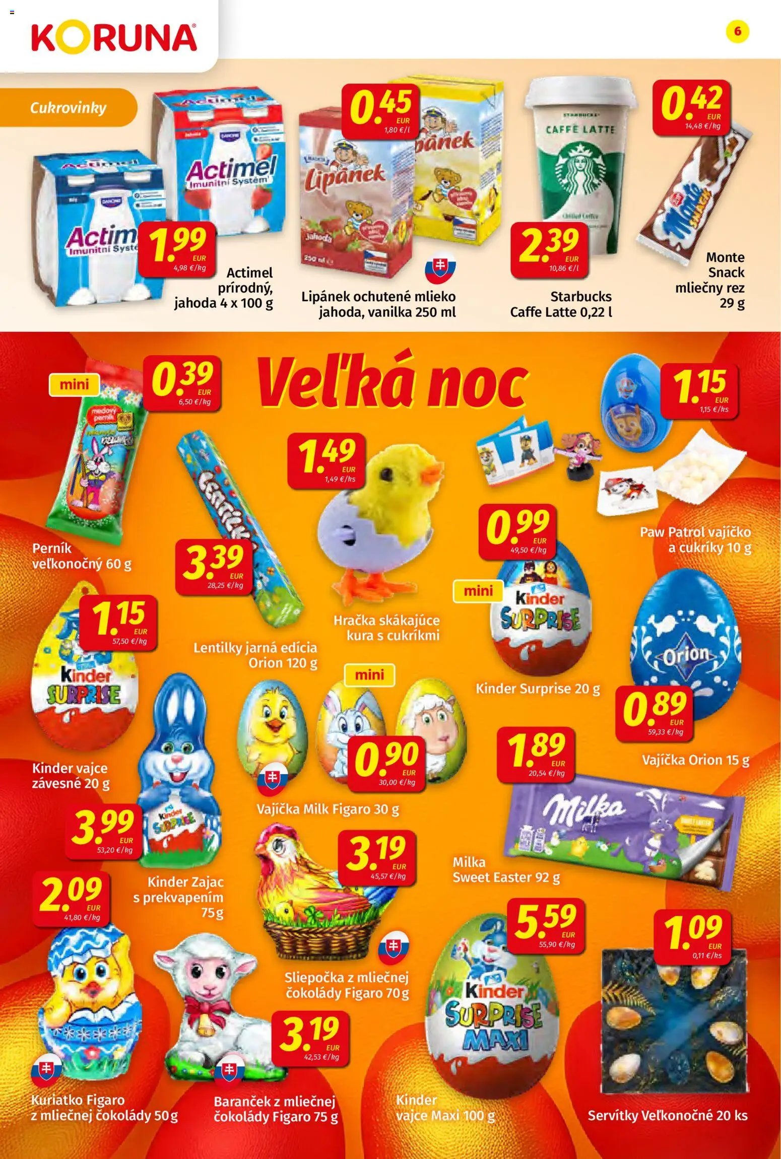 Nové Koruna akcie – leták je platný od 20.03.2026 | Strana: 6 | Produkty: Mlieko, Kinder Surprise, Milka, Actimel
