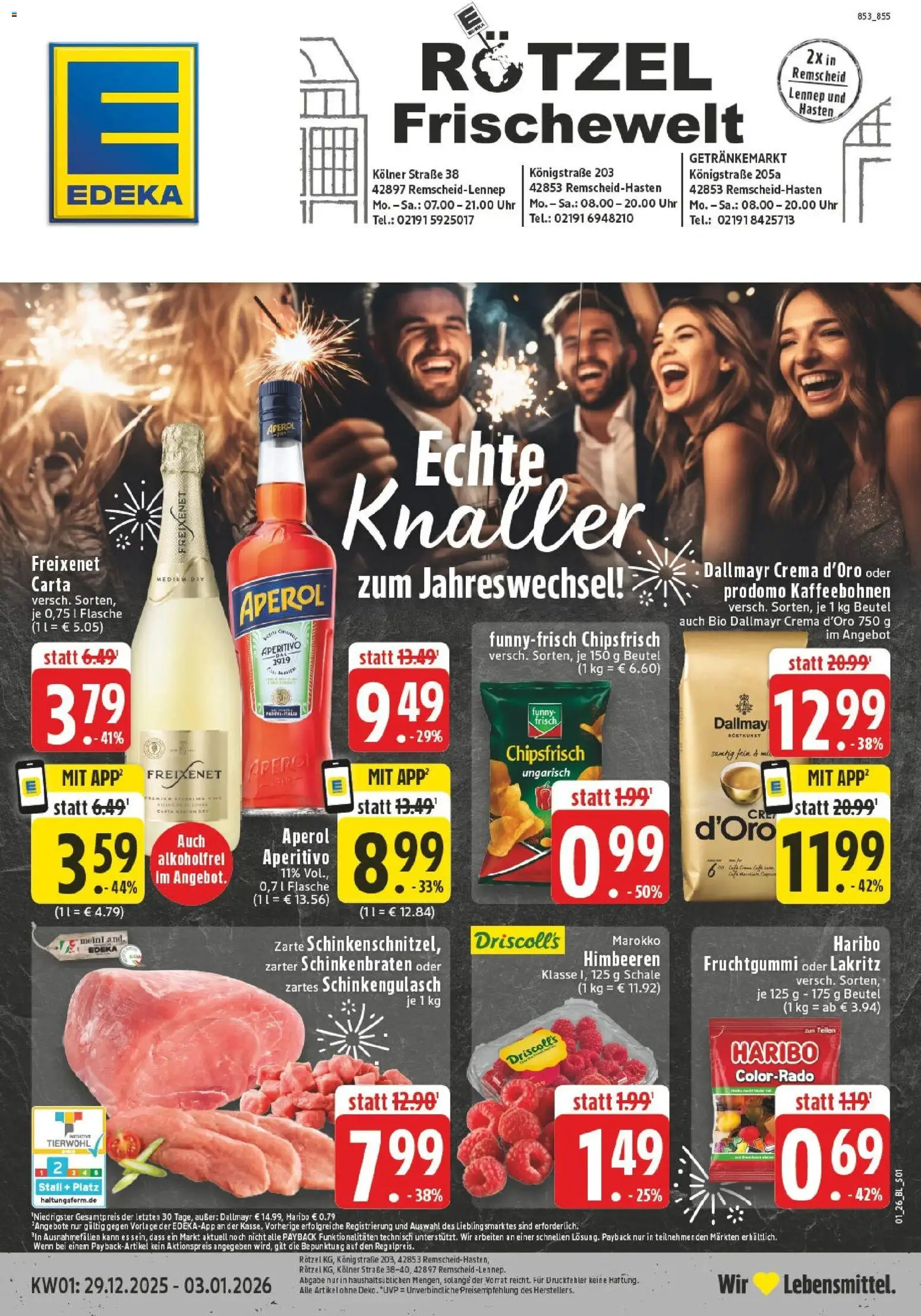 Edeka prospekt Remscheid	 – gültig ab 28.12.2025 | Seite: 1 | Produkte: Himbeeren, Dallmayr, Aperol, Uhr