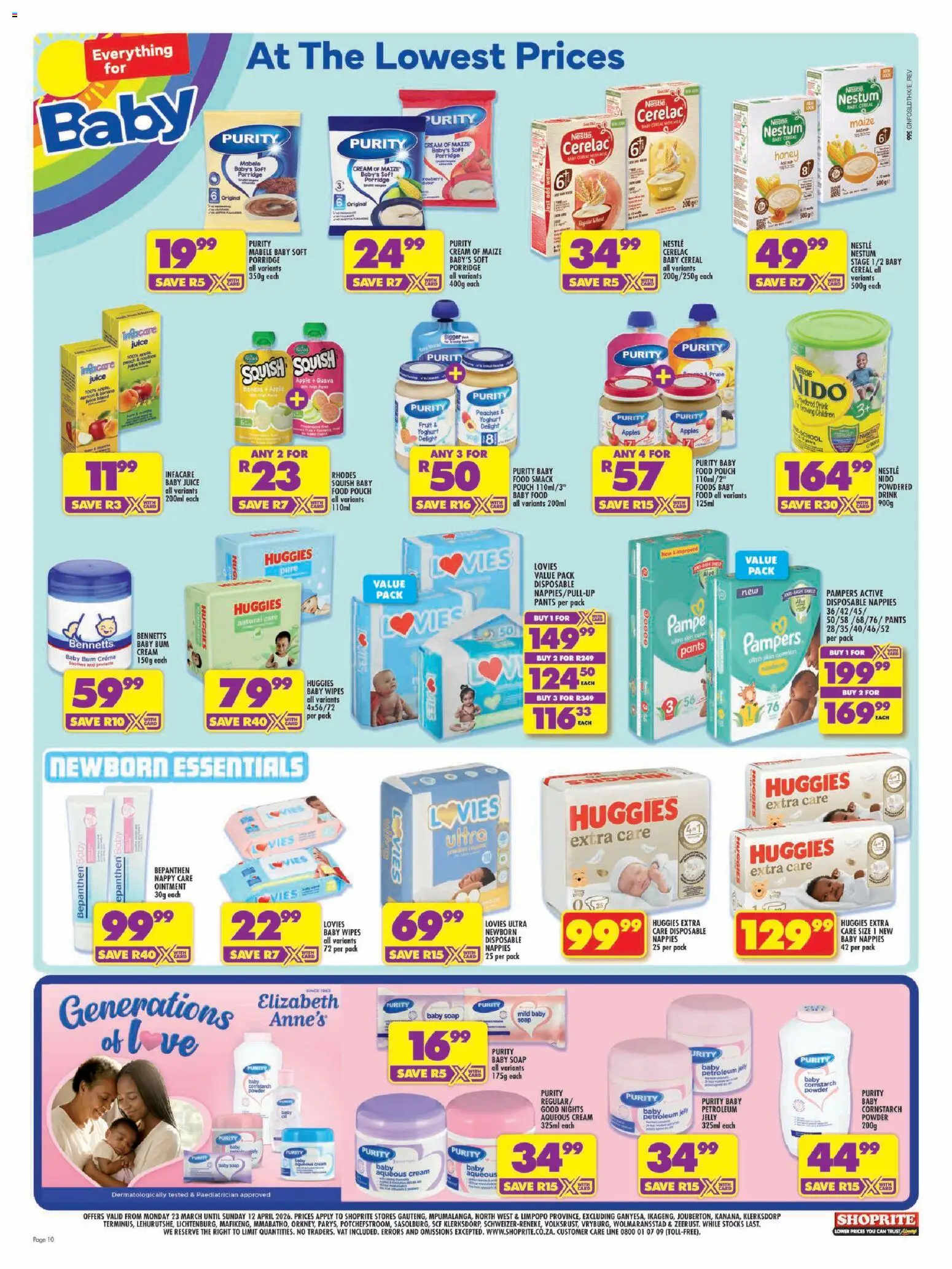 New Shoprite catalogue – valid from 23.03.2026 | Page: 10 | Products: Pants, Yoghurt, Fruit, Nappies