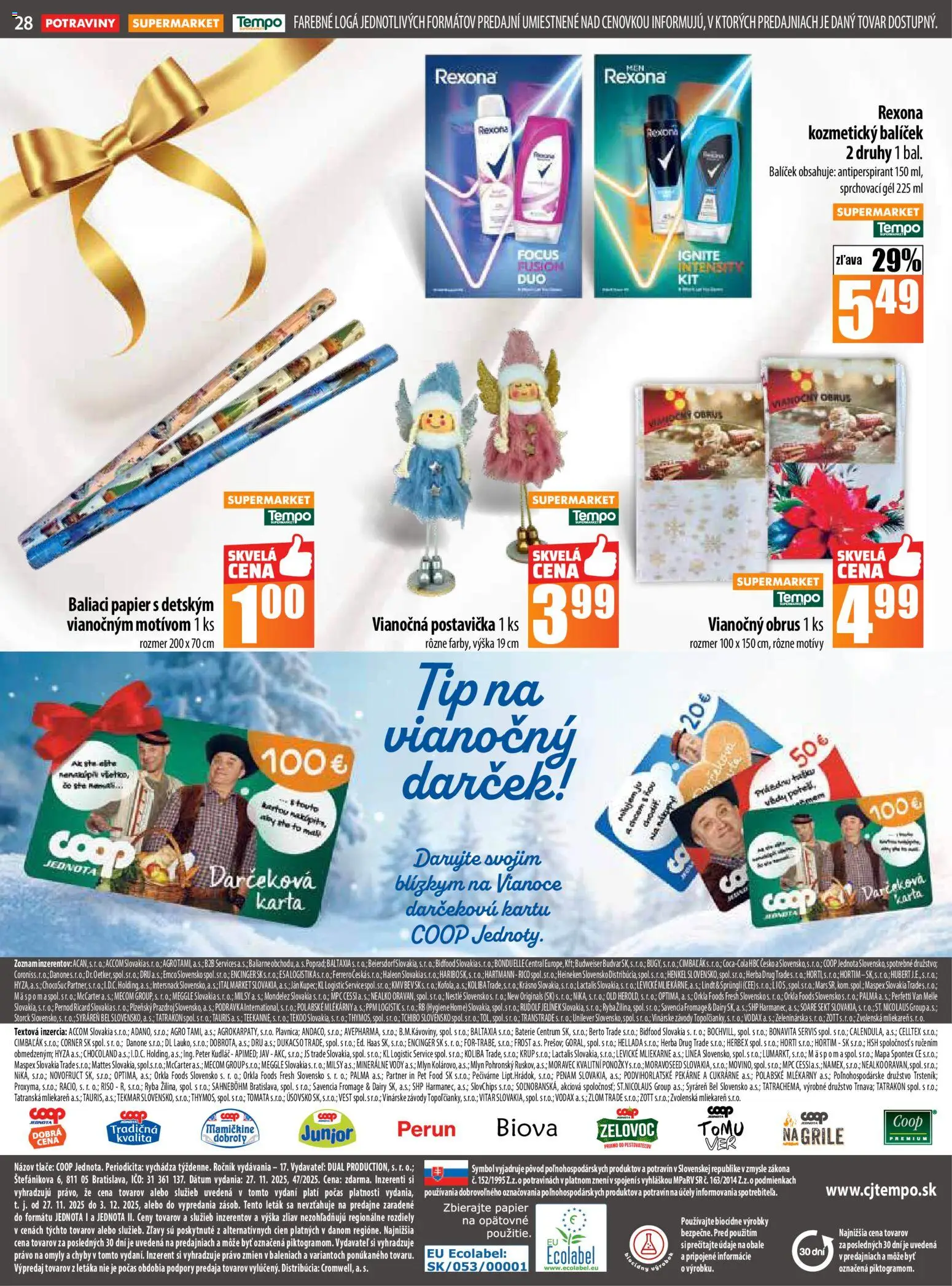 Nové COOP Jednota akcie – leták je platný od 27.11.2025 | Strana: 28 | Produkty: Lindt, Budvar, Antiperspirant, Ponožky