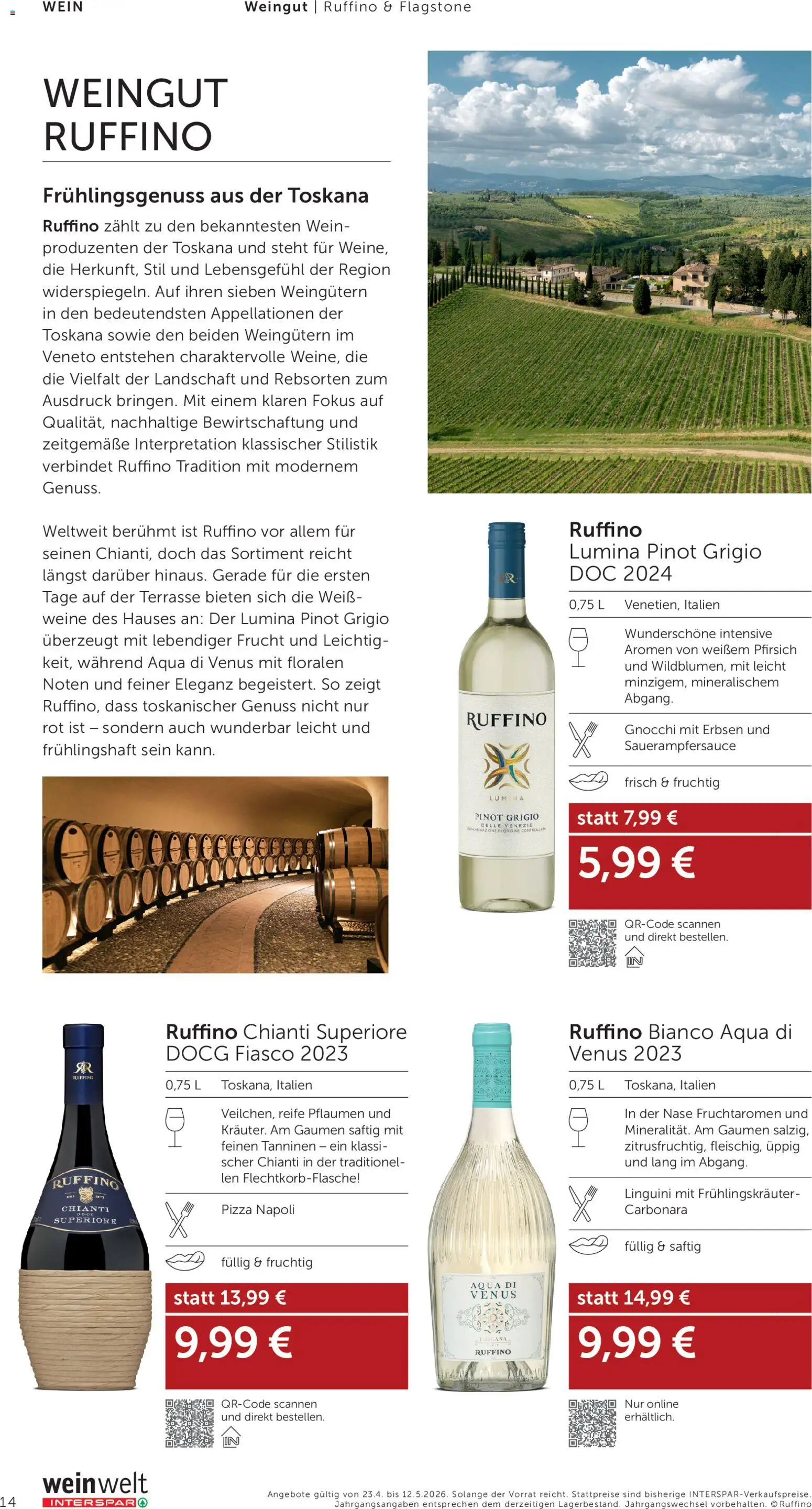 Interspar Wein Welt gültig ab 23.04.2026 | Seite: 14 | Produkte: Pfirsich, Erbsen, Pizza, Wein