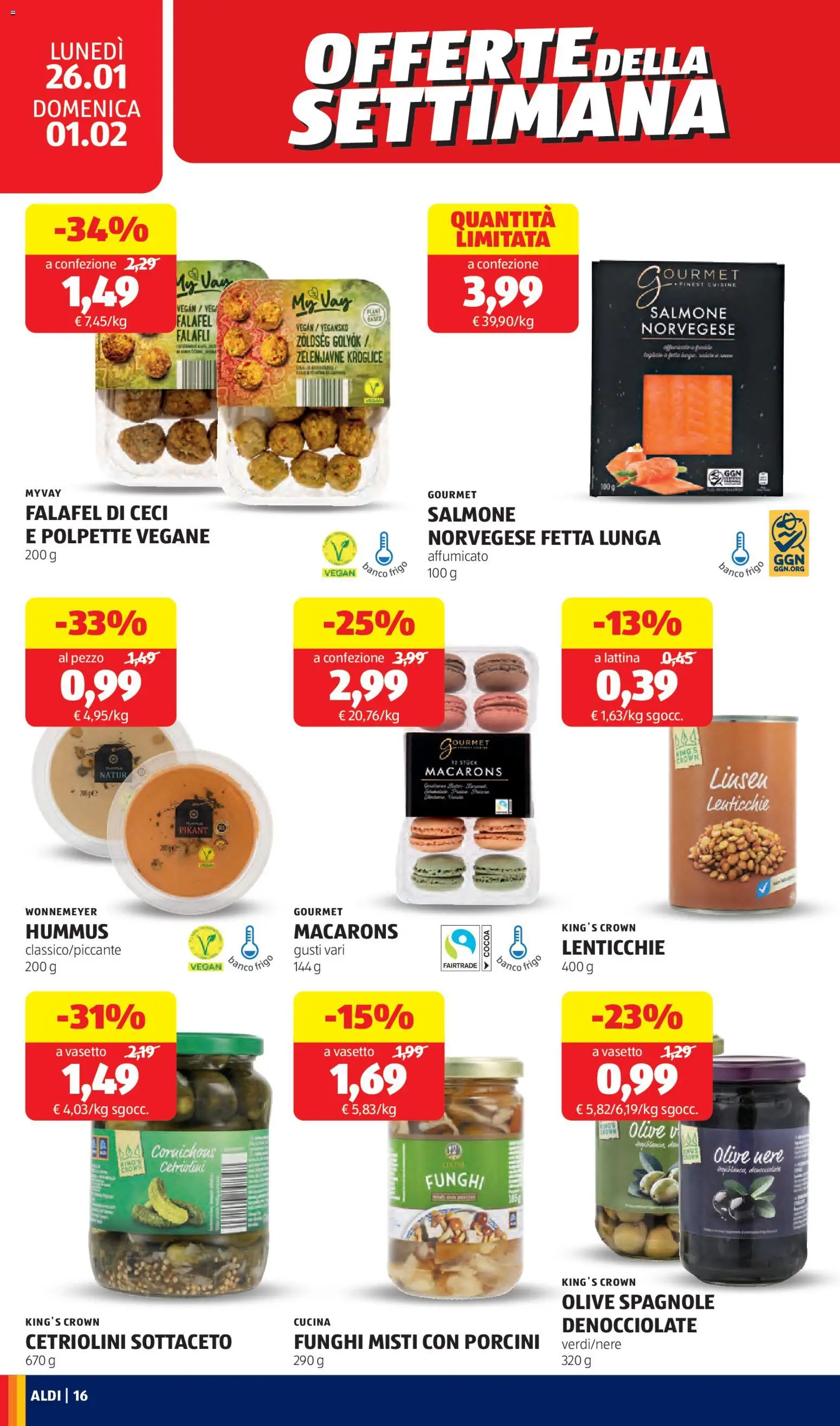 Volantino Aldi del 26.01.2026 | Pagina: 16 | Prodotti: Salmone, Lenticchie, Hummus, Polpette