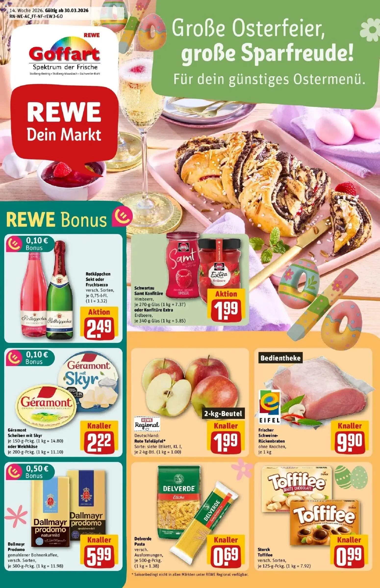 Rewe Prospekt Stolberg / Breinig	 – gültig ab 30.03.2026 | Seite: 1 | Produkte: Äpfel, Toffifee, Rotkäppchen, Dallmayr prodomo