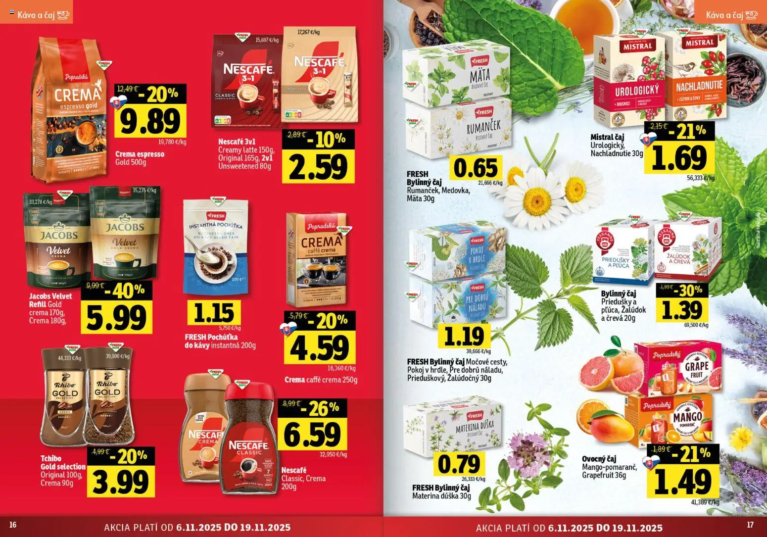 Nové Fresh akcie – leták je platný od 06.11.2025 | Strana: 9 | Produkty: Jacobs Velvet, Káva, Čaj, Mango