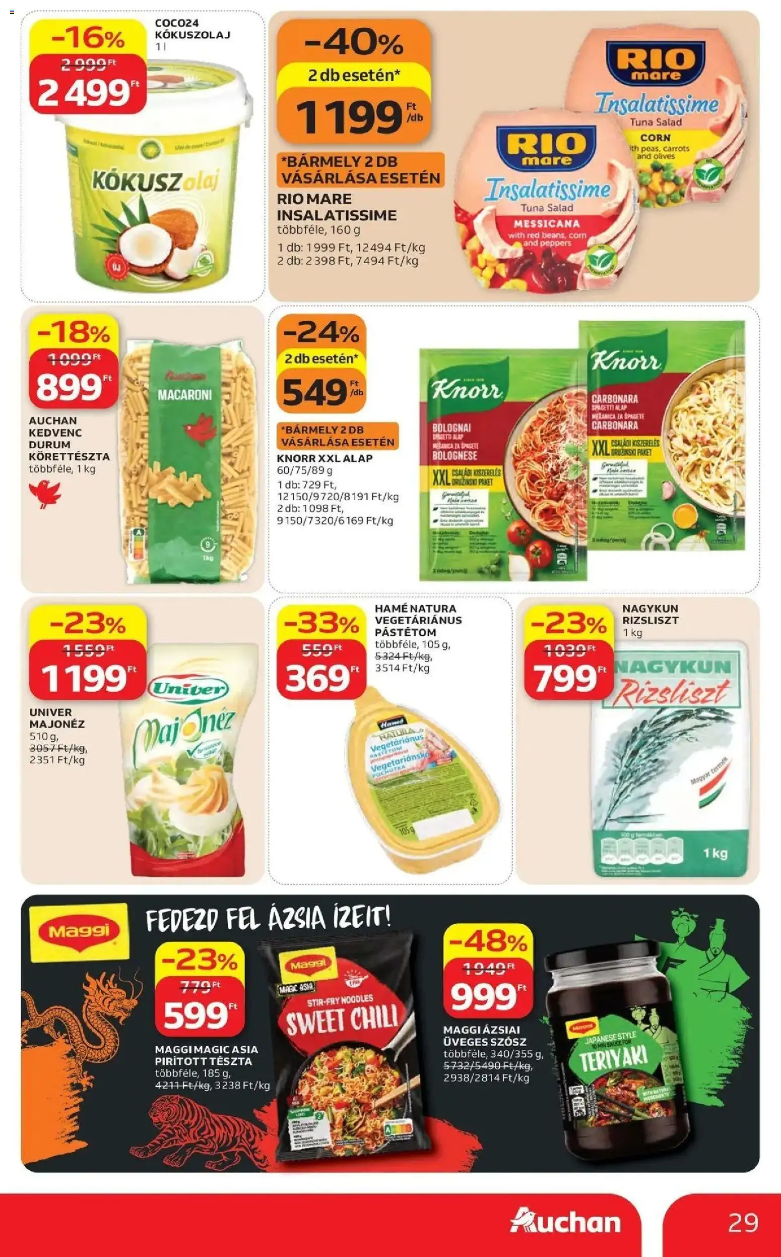 Auchan akciós ujság - amely érvényes a következő dátumtól: 16.04.2026 | Oldal: 29 | Termékek: Rizsliszt, Kókuszolaj, Pástétom, Tészta
