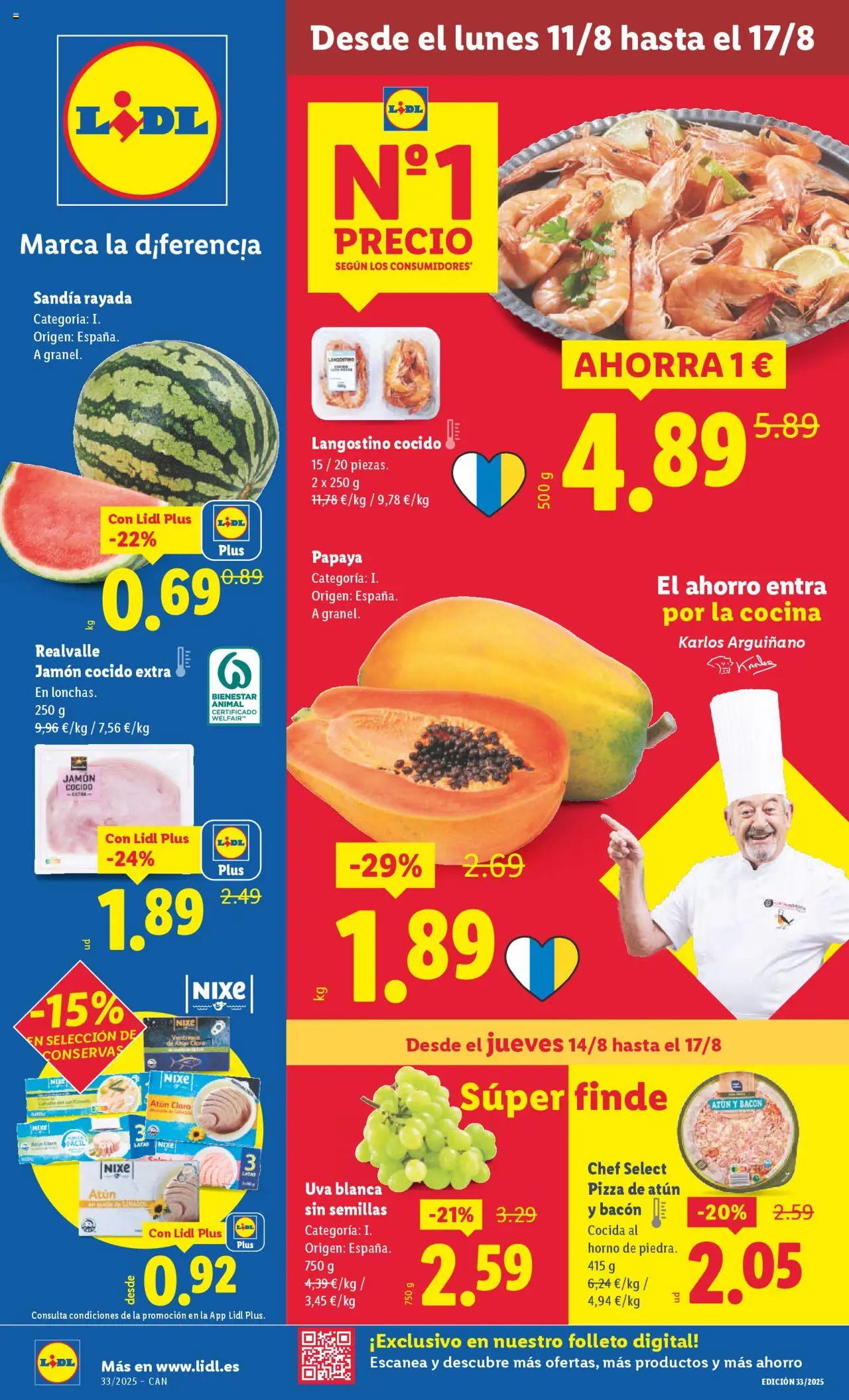 Lidl - Canarias  │ válido desde el 11.08.2025 | Página: 1 | Productos: Jamón, Cocina, Atún claro, Langostino
