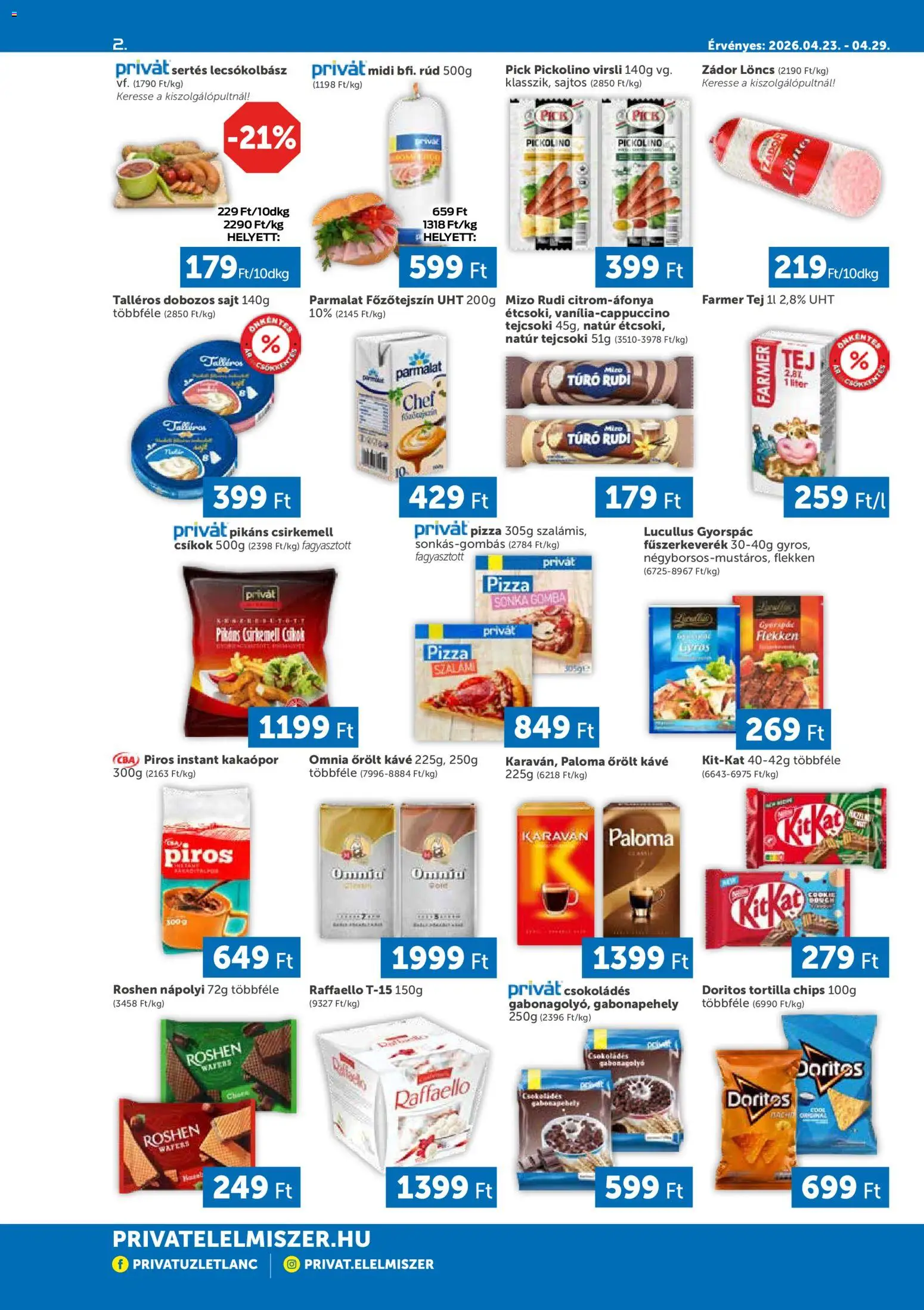 PRIVÁT akciós ujság - amely érvényes a következő dátumtól: 23.04.2026 | Oldal: 2 | Termékek: Tej, Sajt, Szalámi, Kakaópor