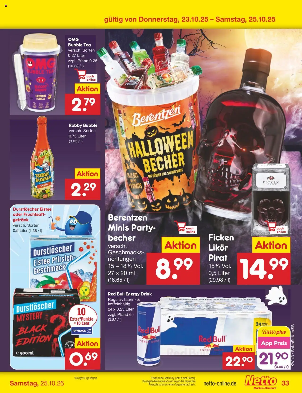 Netto Marken-Discount Prospekt 	 – gültig ab 20.10.2025 | Seite: 47 | Produkte: Durstloscher, Red bull, Likör, Berentzen
