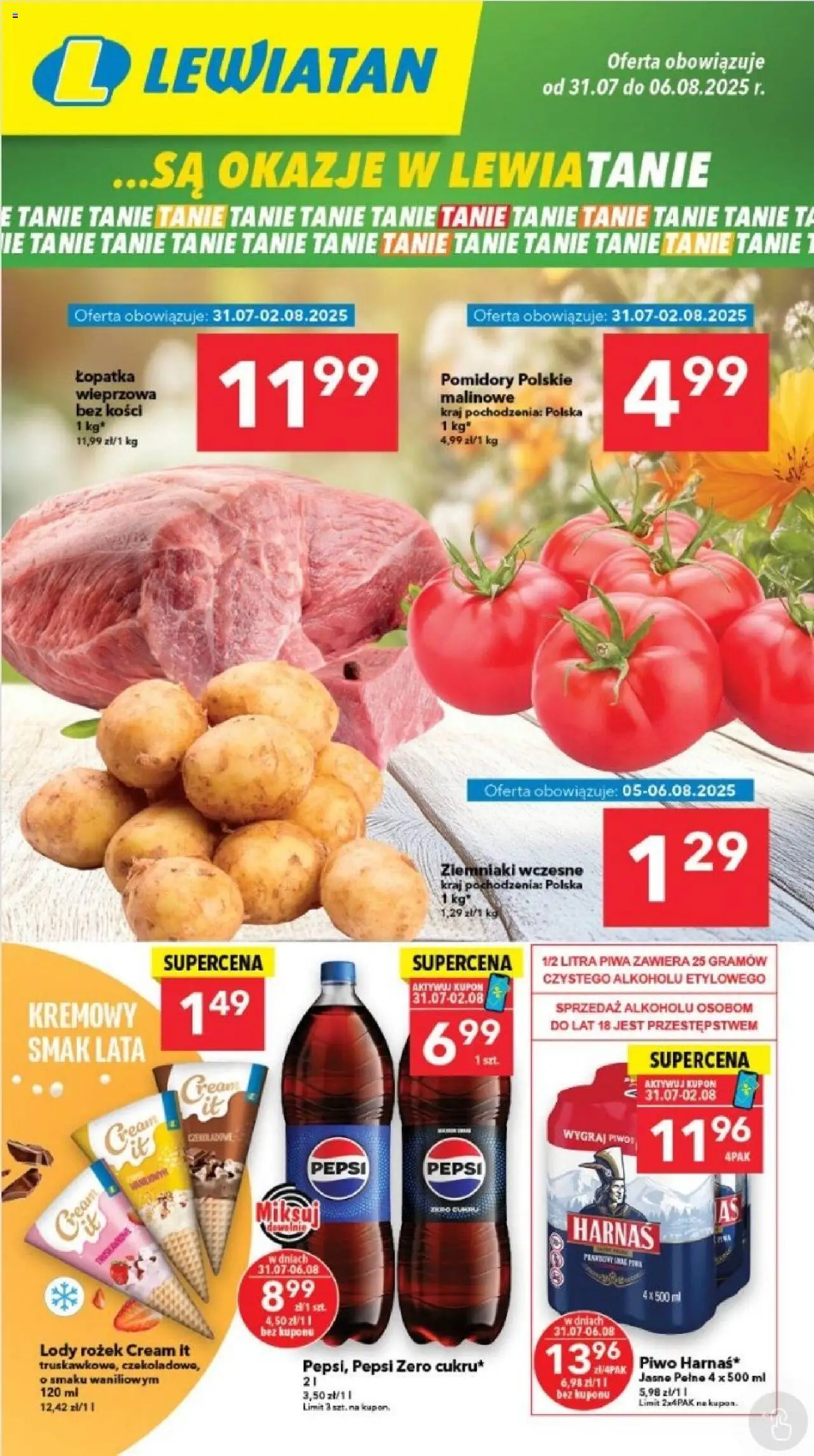 Lewiatan gazetka - Legnica od 31.07.2025 | Strona: 1 | Produkty: Pepsi, Piwo, Pomidory, Ziemniaki