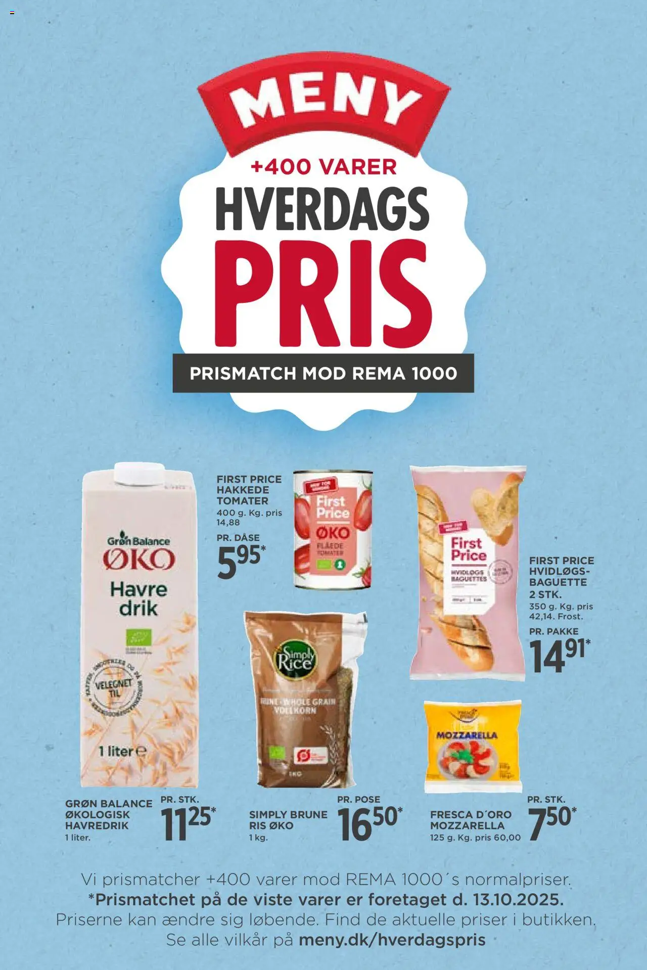 Meny tilbudsavis – gyldig fra 13.10.2025 | Side: 1 | Produkter: Tomater, Ris, Hakkede tomater, Mozzarella