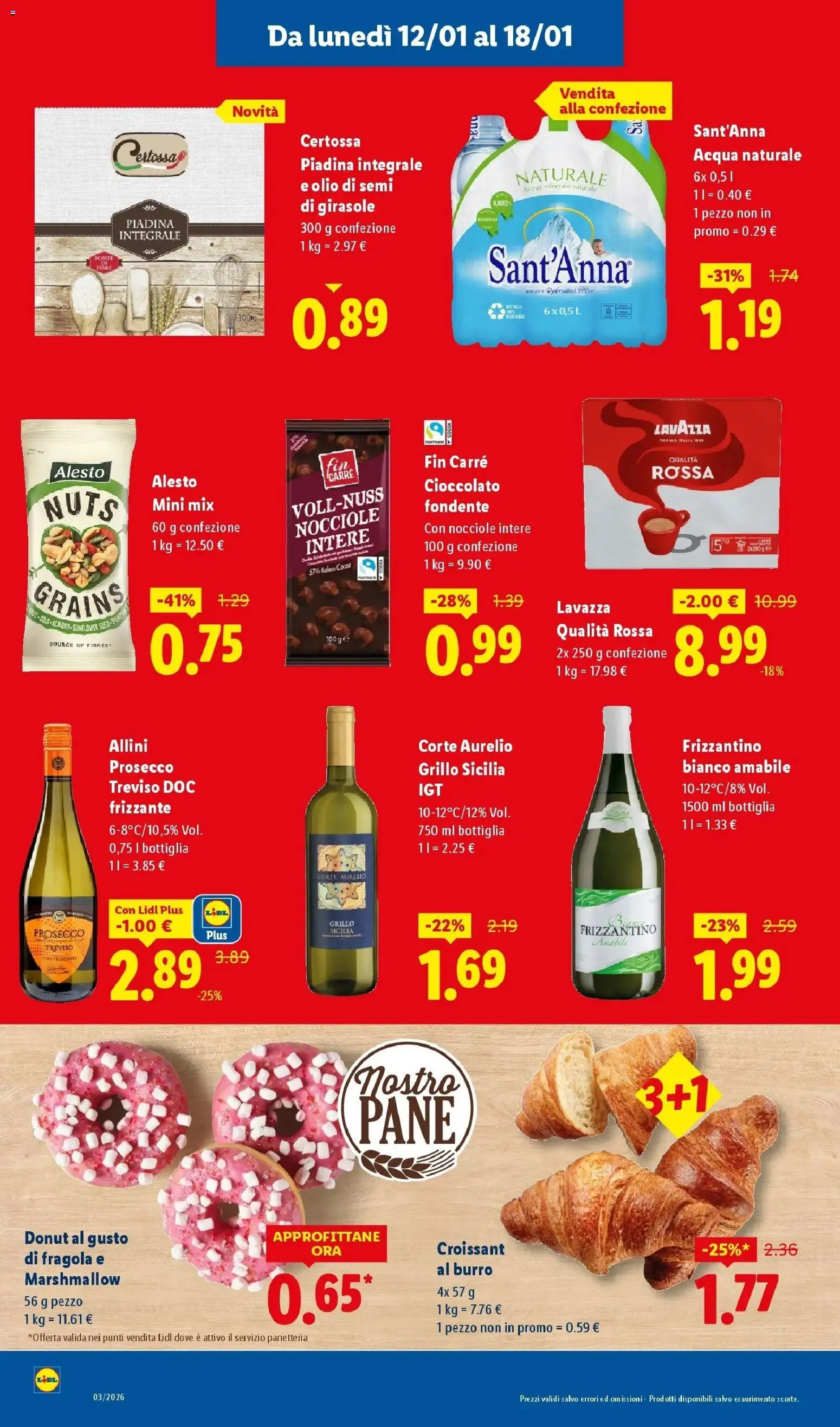 Volantino Lidl del 12.01.2026 | Pagina: 18 | Prodotti: Pane, Prosecco, Piadina, Acqua naturale