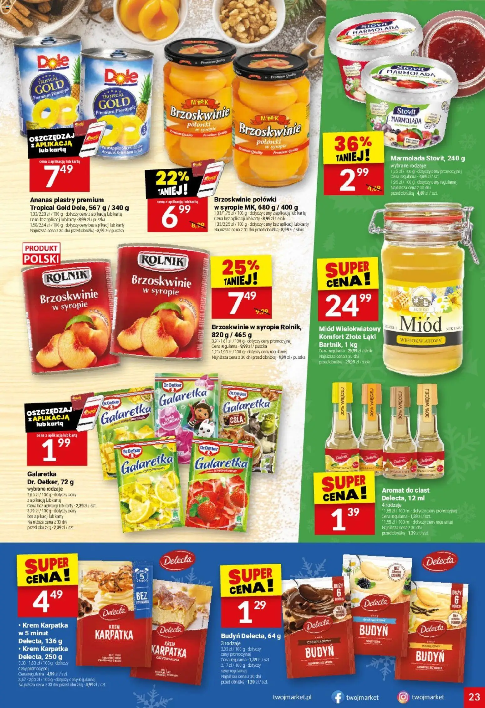 Twój Market Gazetka od 10.12.2025 | Strona: 23 | Produkty: Karta, Galaretka, Brzoskwinie w syropie, Krem